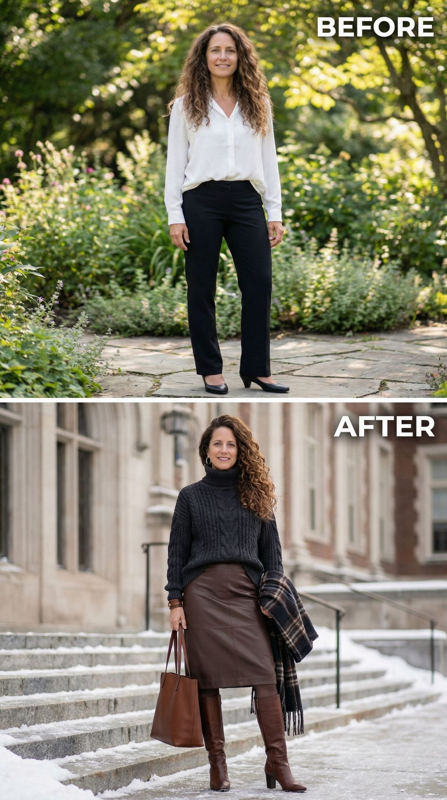 Cable-Knit Turtleneck and Leather Skirt in Winter