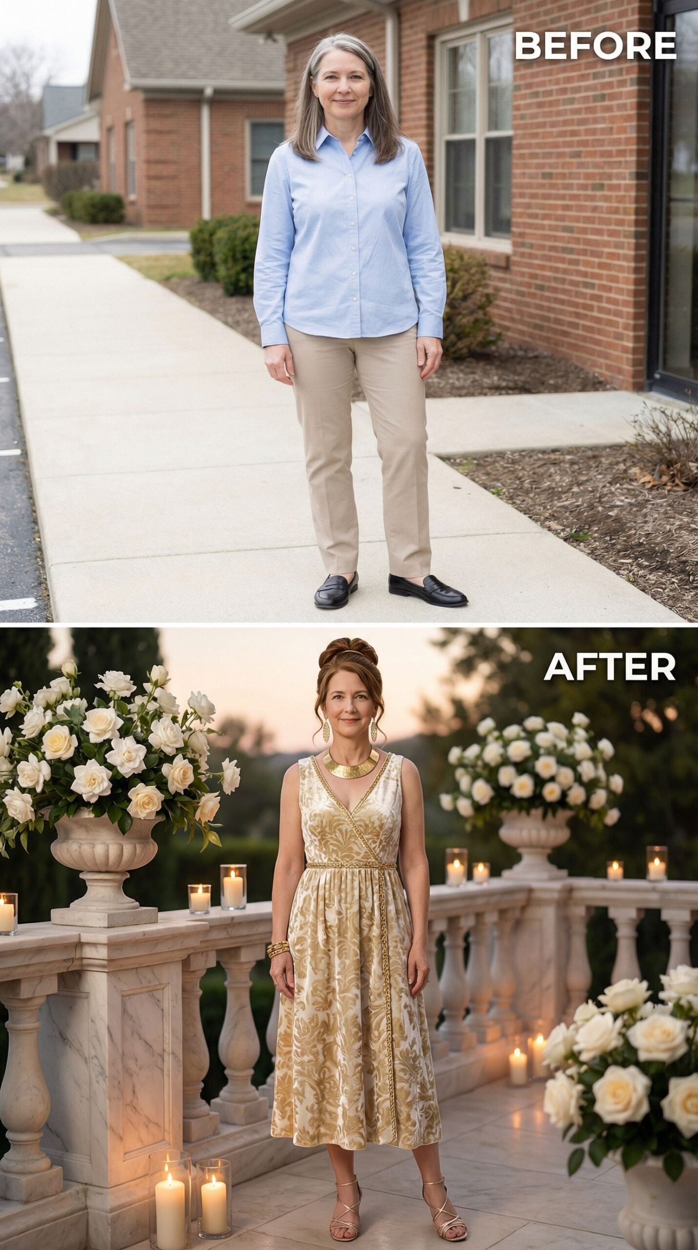 Gold Brocade Midi With an Updo That Says Special Occasion