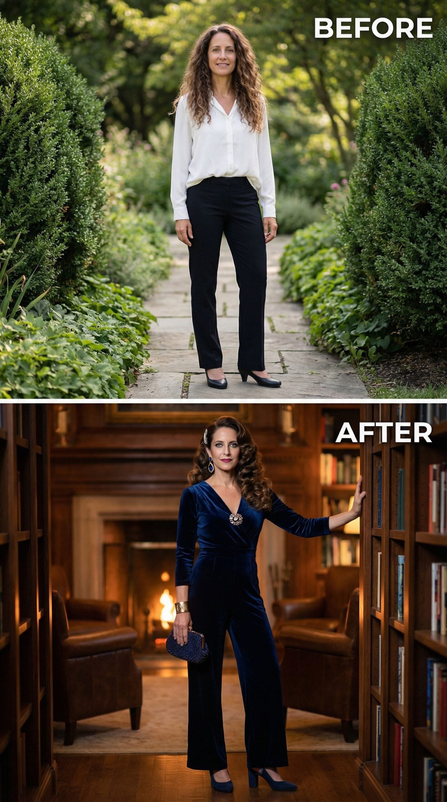 Velvet Jumpsuit and Vintage Hollywood Waves for Library Elegance