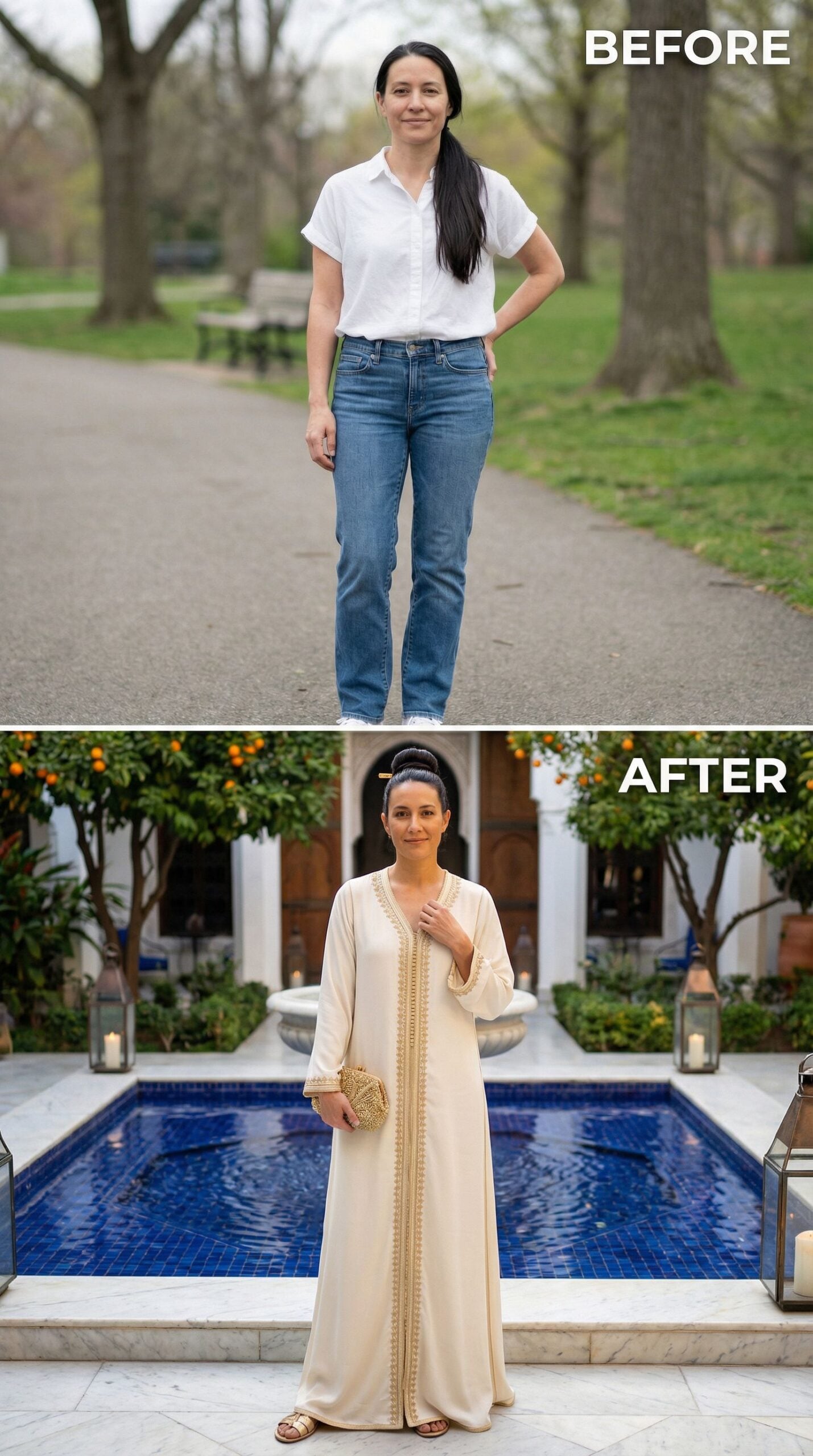 From Jeans and a White Shirt to Moroccan Resort in One Bold Look