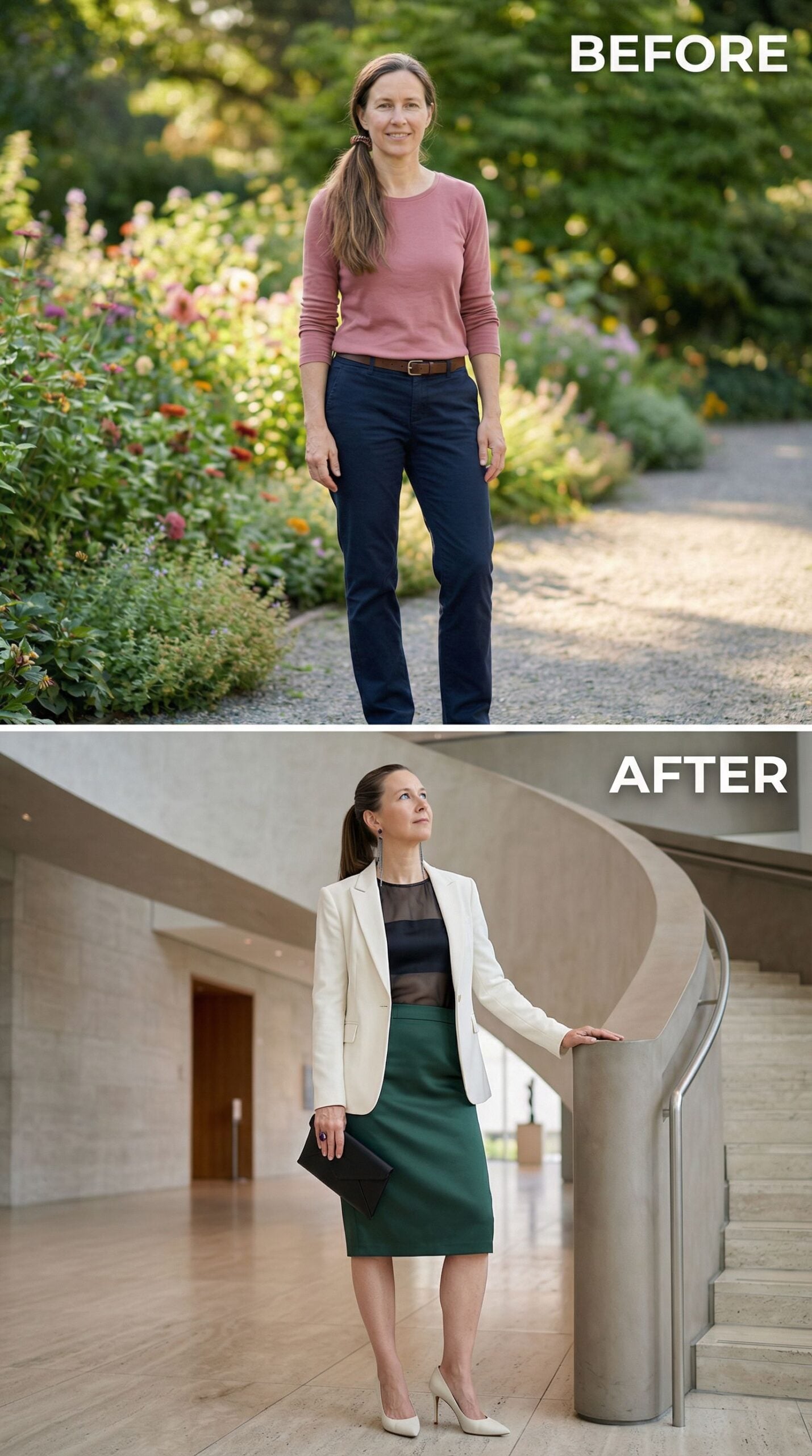 Polished Ivory Blazer Meets Emerald Pencil Skirt in Modern Gallery Setting