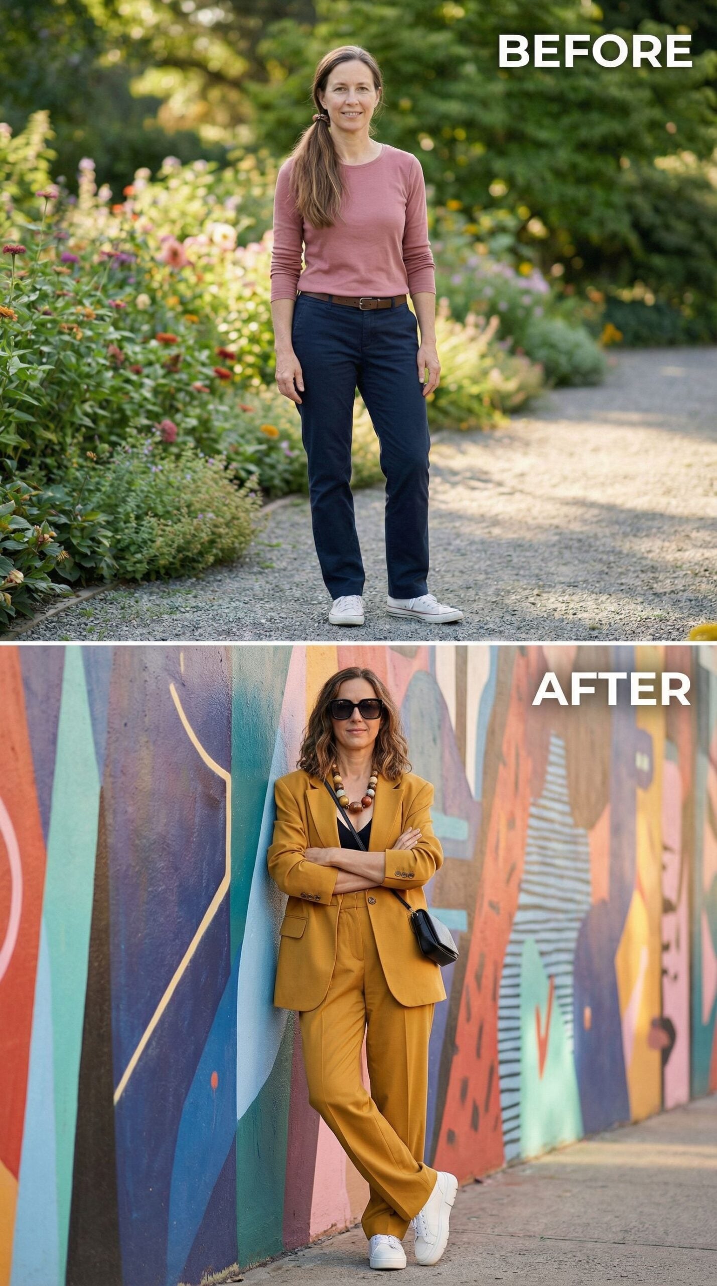 Casual Garden Stroll to Chic Art Patron in Mustard Suiting