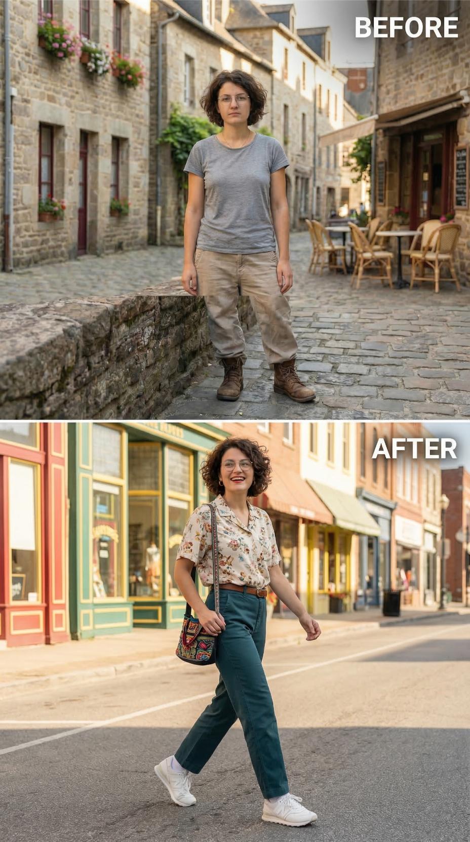 Khaki Cargo and Worn Leather Exit for Floral Blouse and Teal Trousers