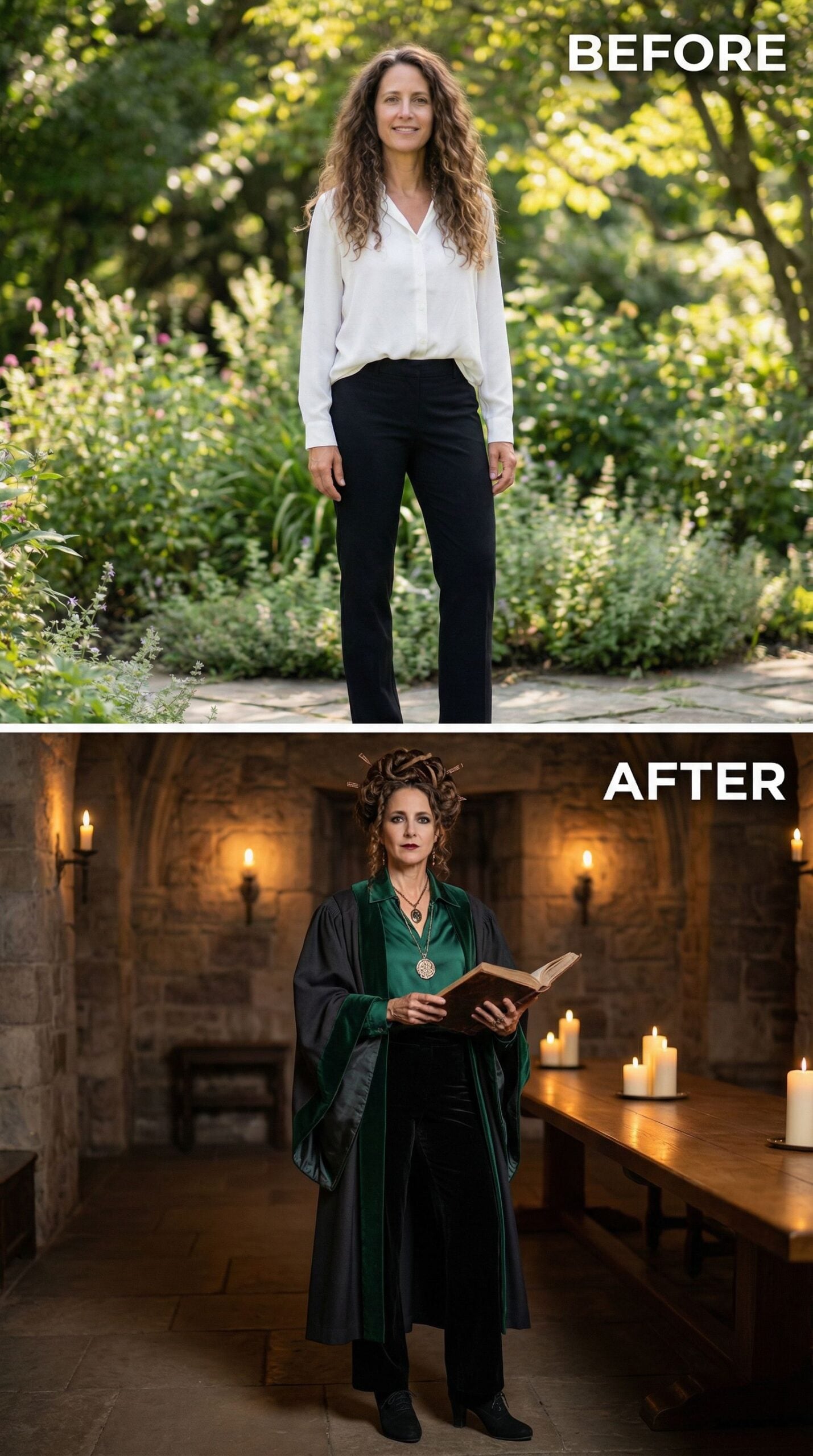 Medieval Sorceress in Emerald Velvet Robes and Serpentine Updo