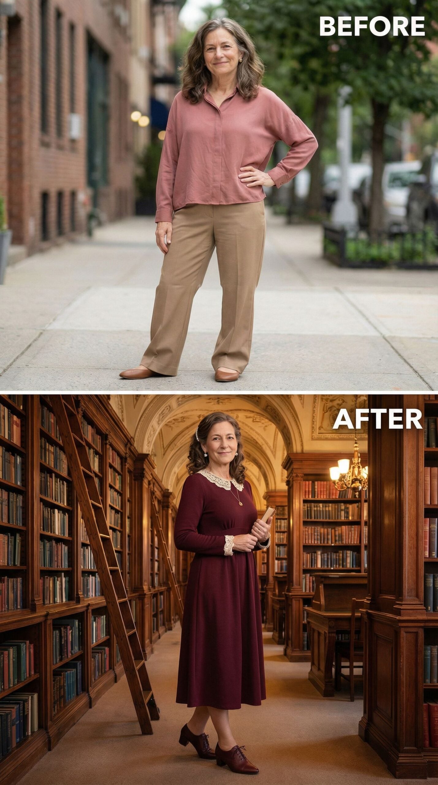 From Sidewalk to Shelves: Her Regencycore Look Has Serious Library Energy