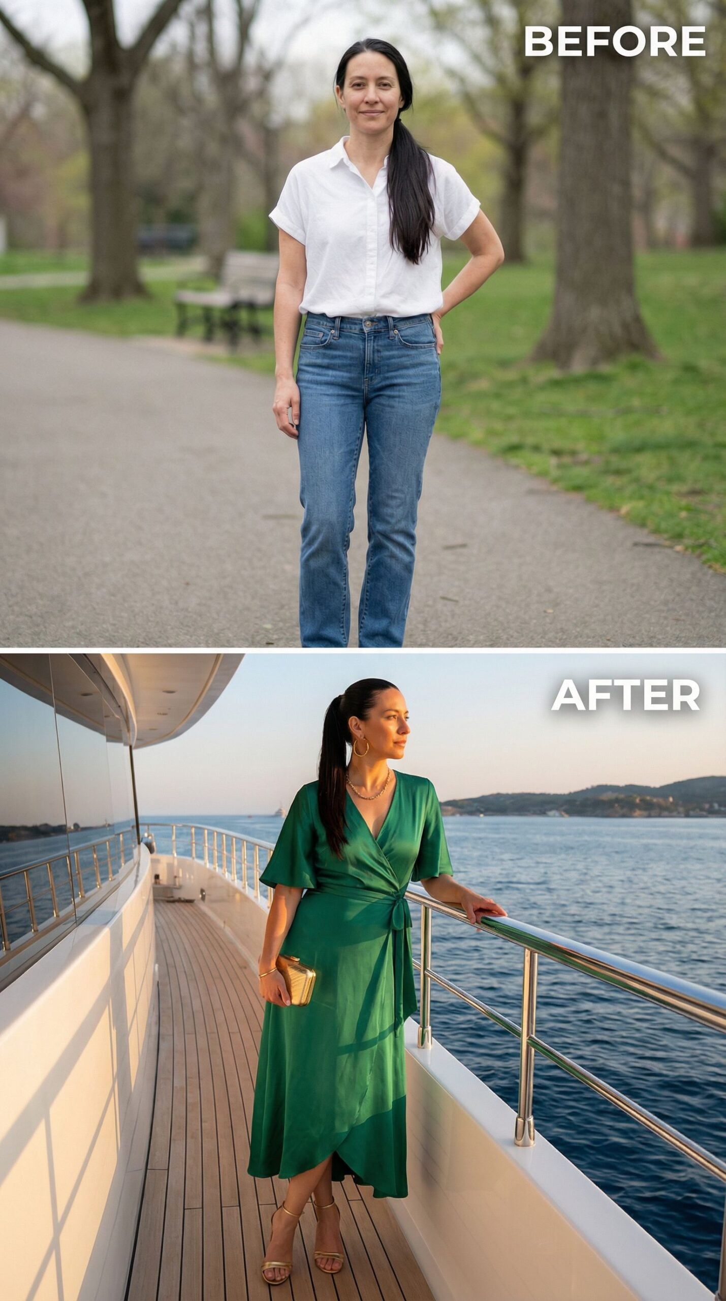 From Park Path to Yacht Deck: One Woman's Green Dress Moment
