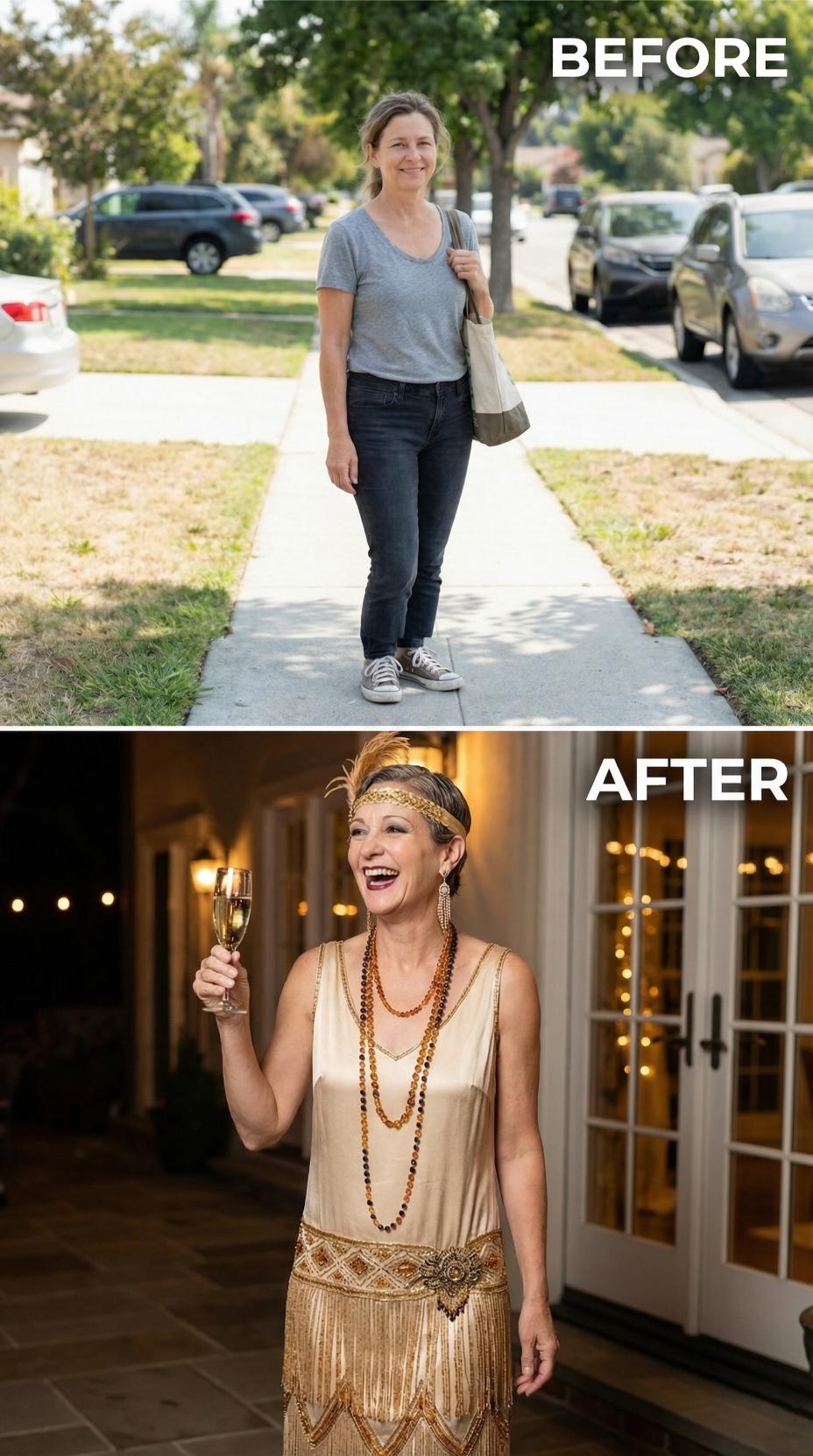 Simple Gray Tee Replaced by 1920s Champagne Silk and Pearl Strands