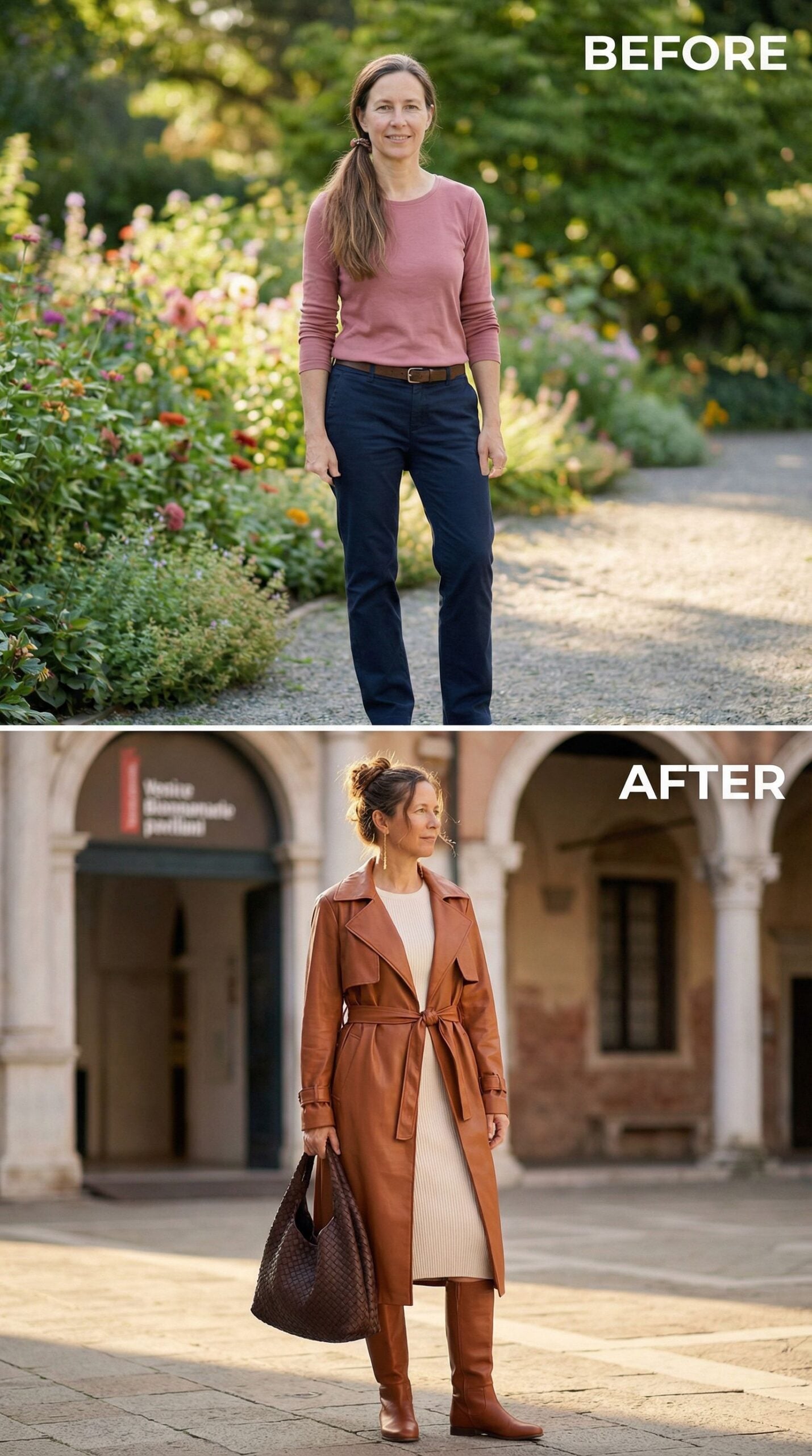 Camel Trench Over Ivory Knit and Cognac Leather Boots