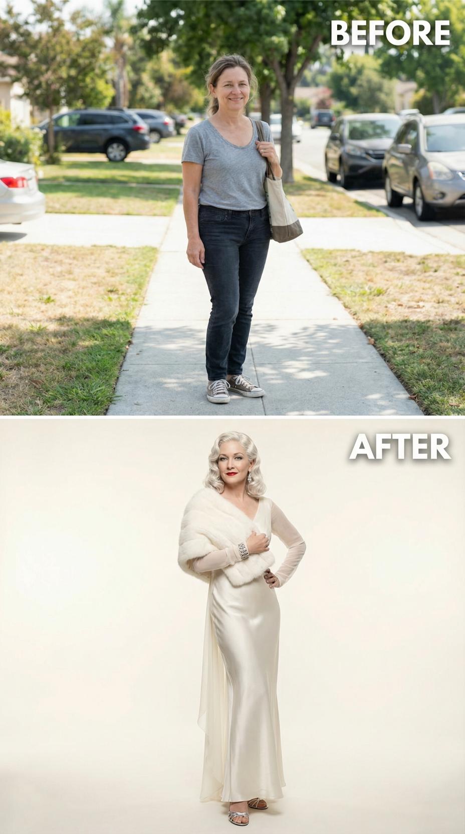 Platinum Victory Rolls and Ivory Satin After Sidewalk Sneakers
