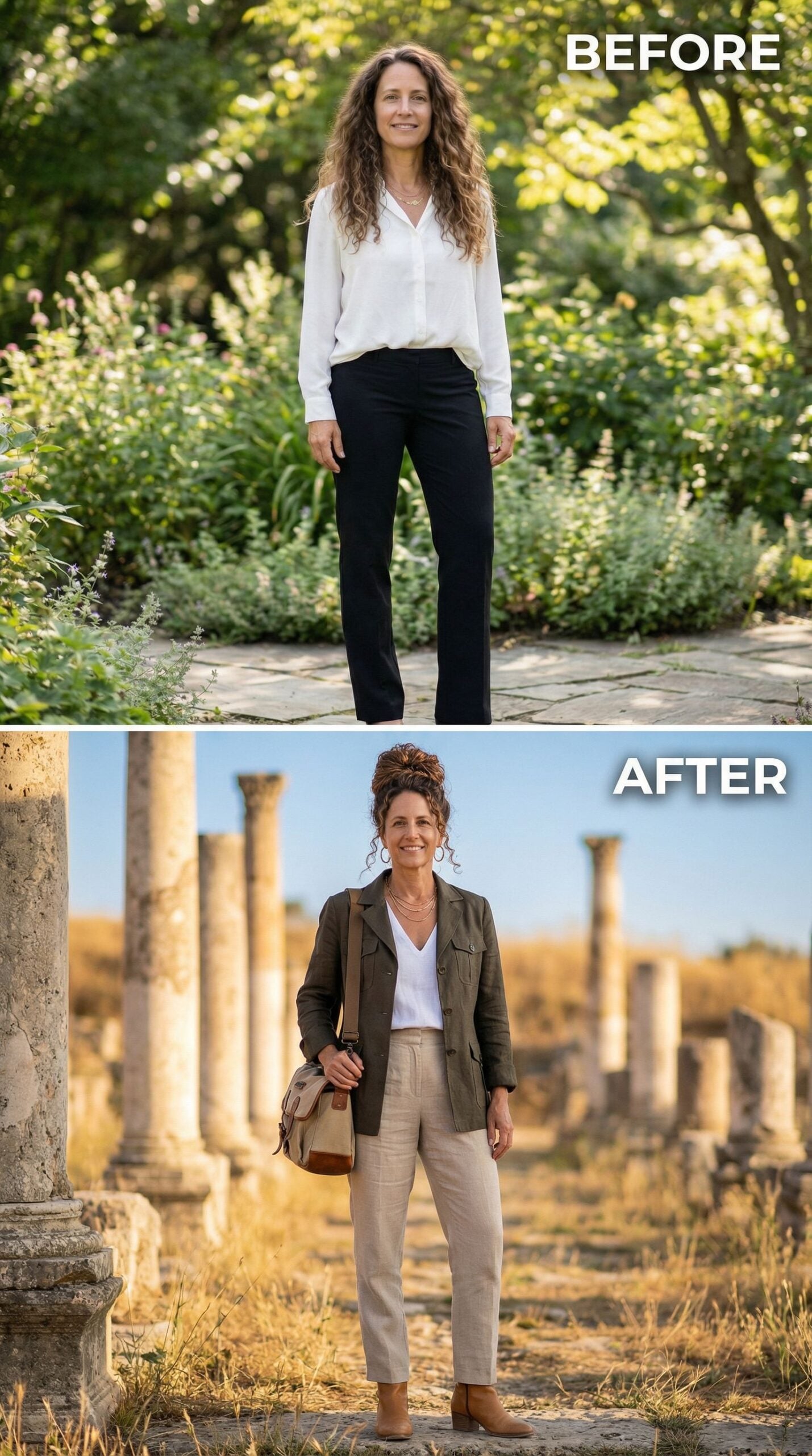 Linen Trousers and Safari Jacket at Ancient Ruins