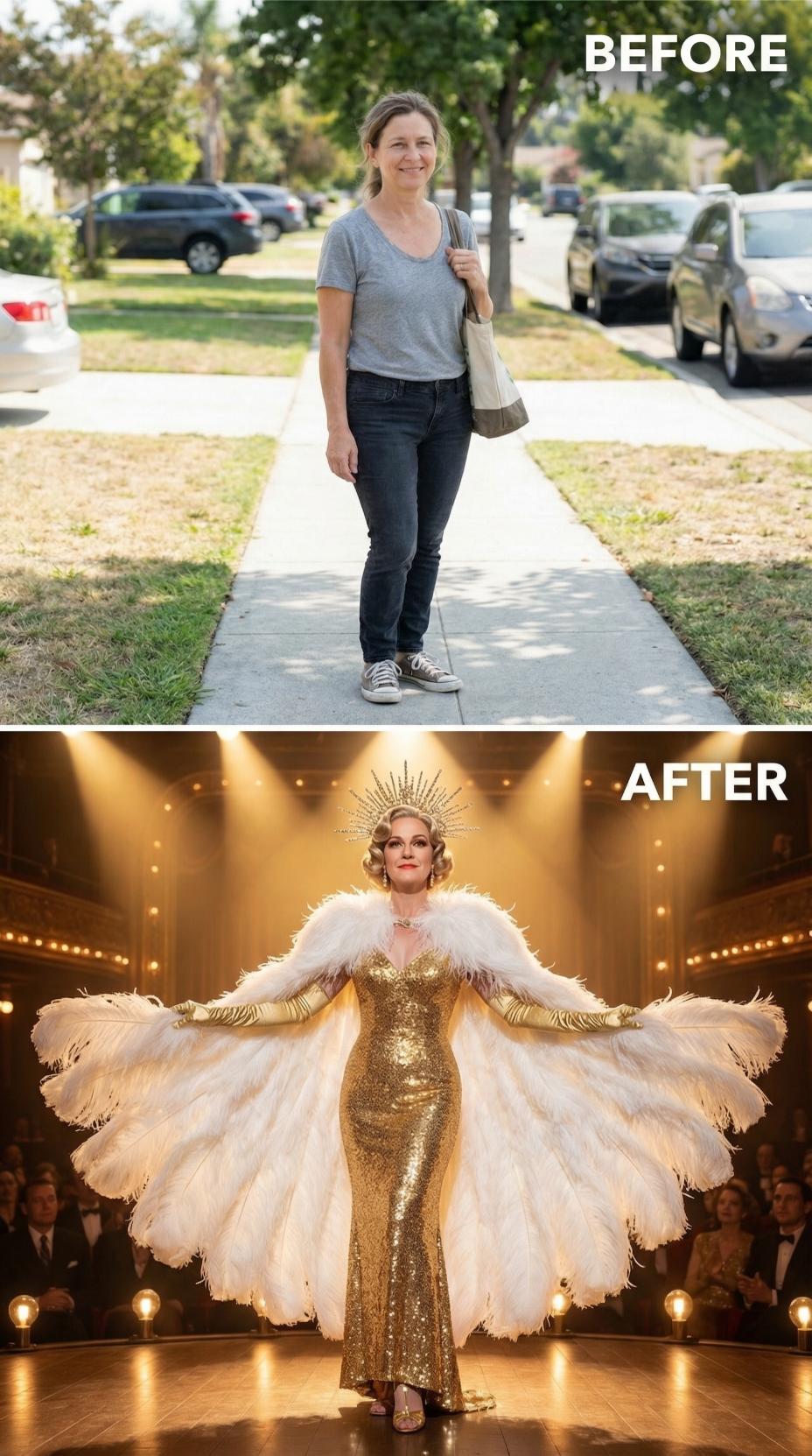 Everyday Errands Abandoned for Stage-Lit Showgirl Spectacle