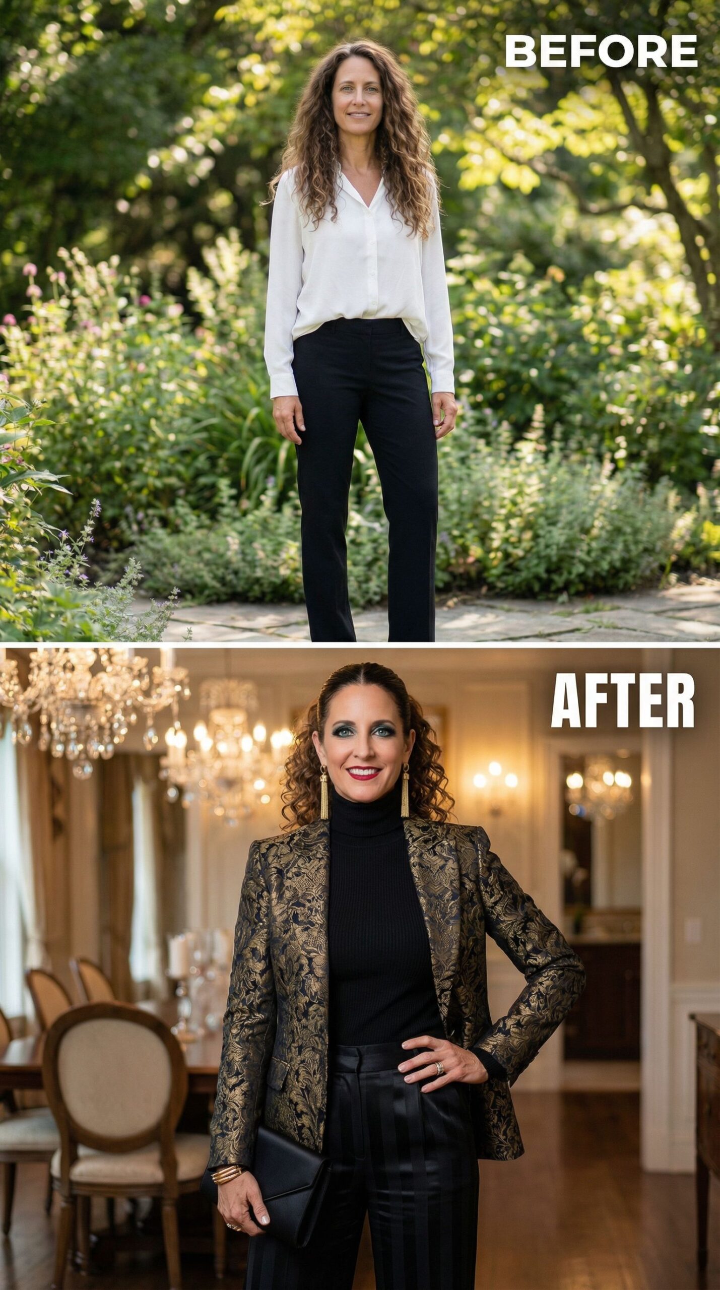 Gold Brocade Blazer Over Black Turtleneck Shifts Everything