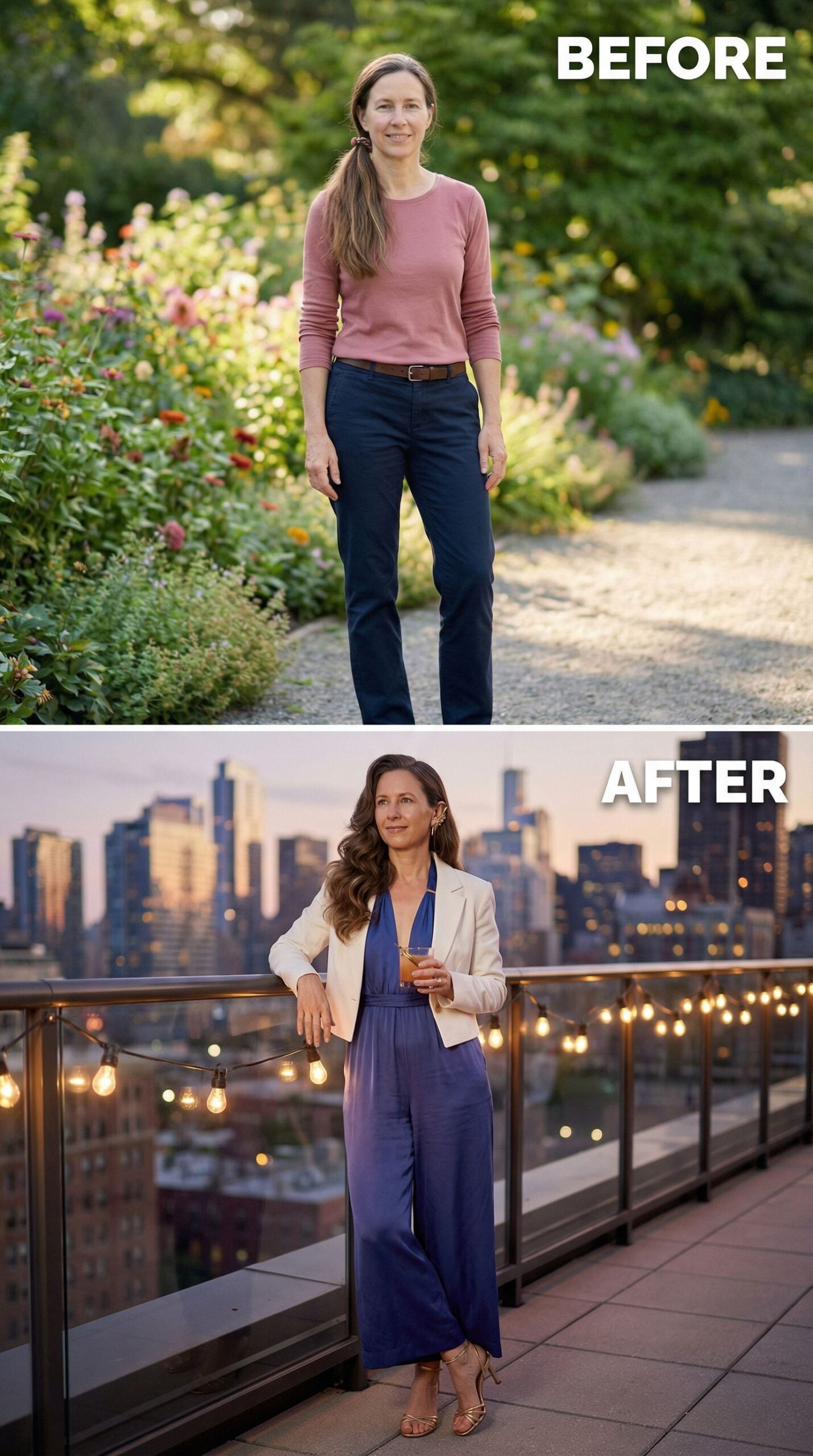 Flowing Wide-Leg Jumpsuit Paired with Structured Cream Blazer