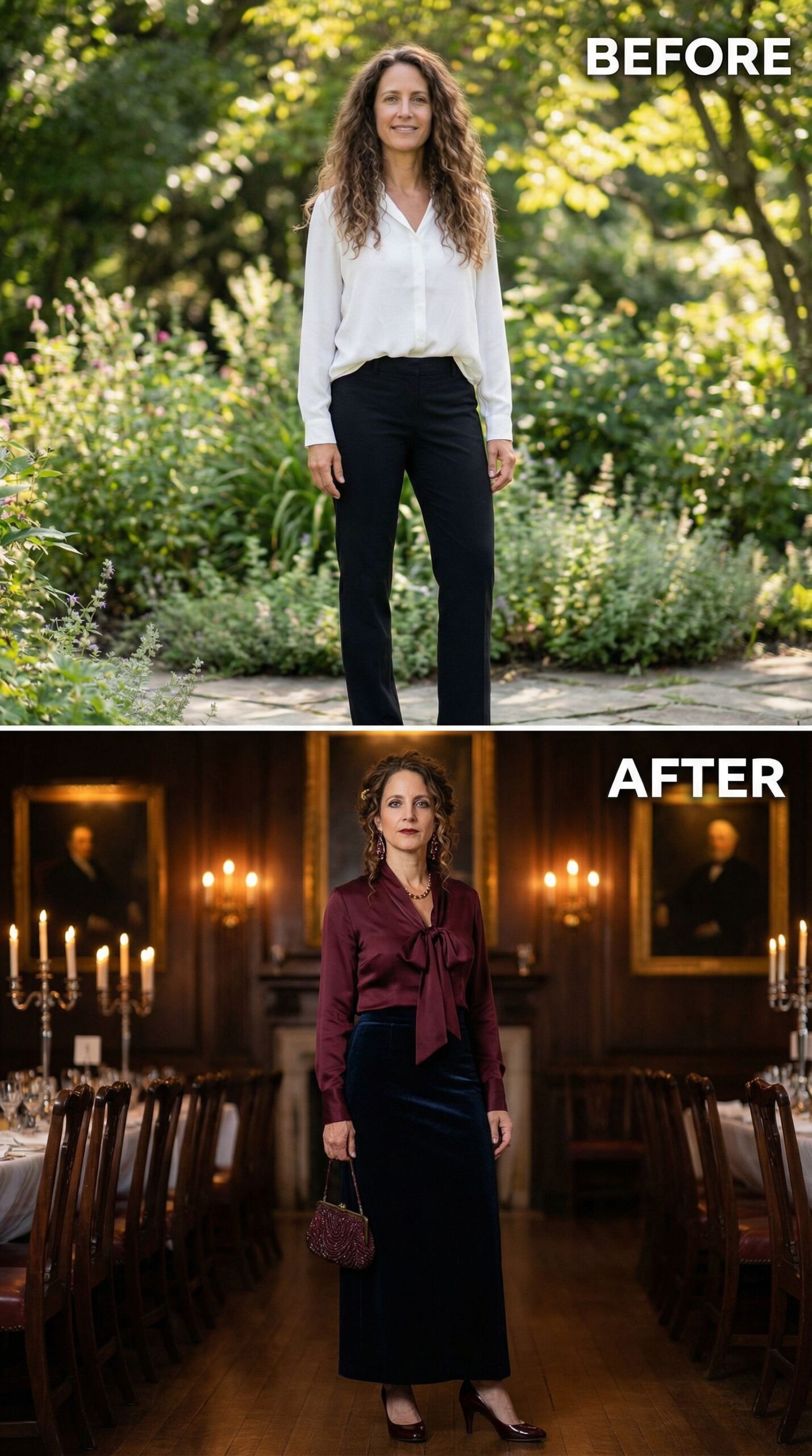 Burgundy Pussy-Bow Blouse and Velvet Maxi Skirt in Candlelit Formality
