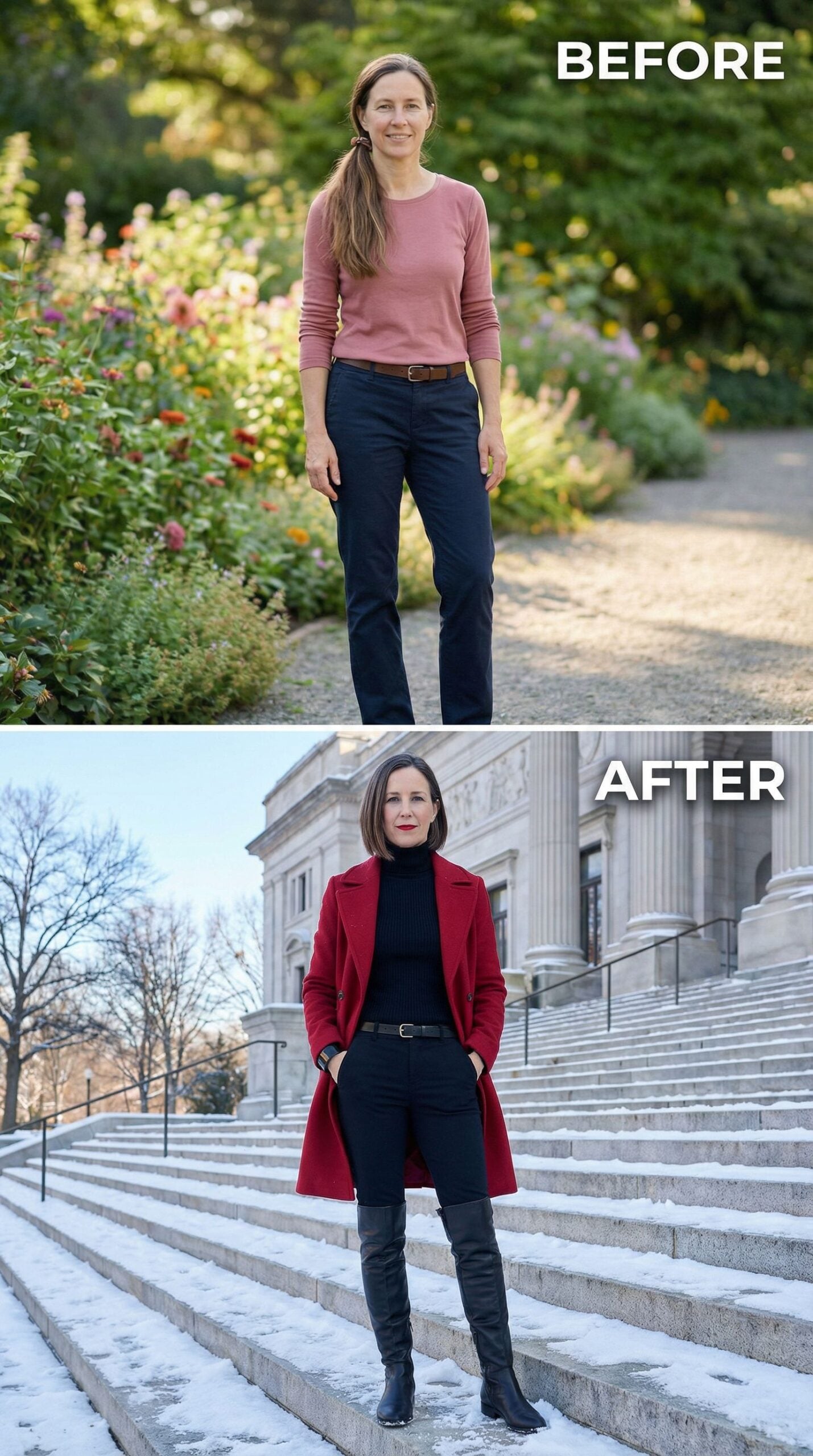 Polished Red Coat and Bob Transform Garden Casual into Gallery Authority