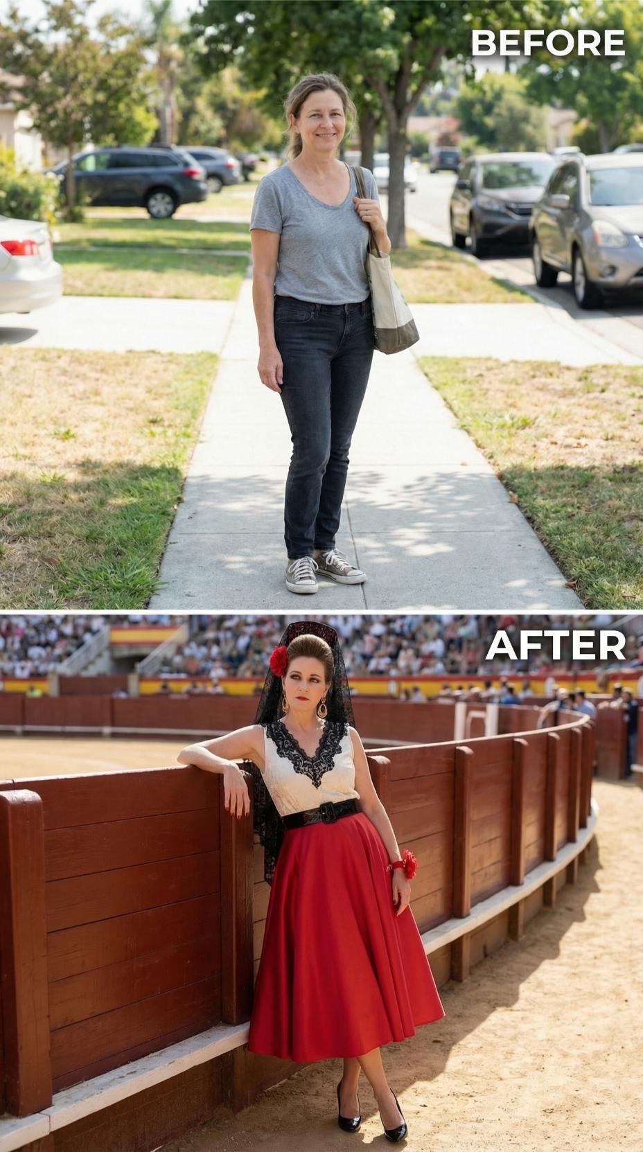 Gray T-Shirt Gives Way to Spanish Bullfight Arena in Black Lace