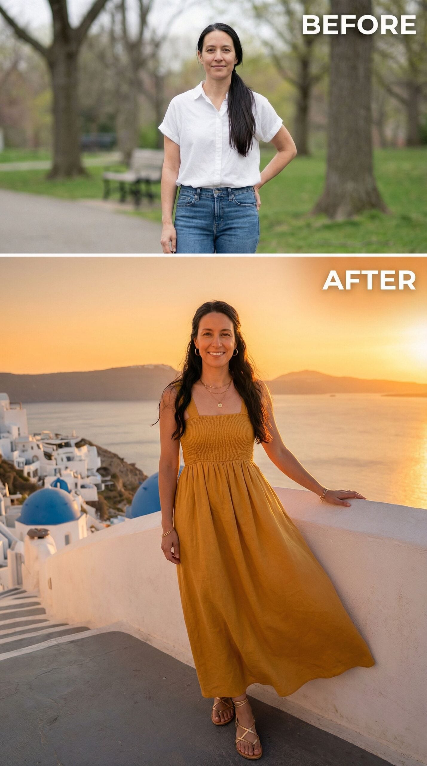 From Park Bench to Santorini Sunset in One Wardrobe Shift
