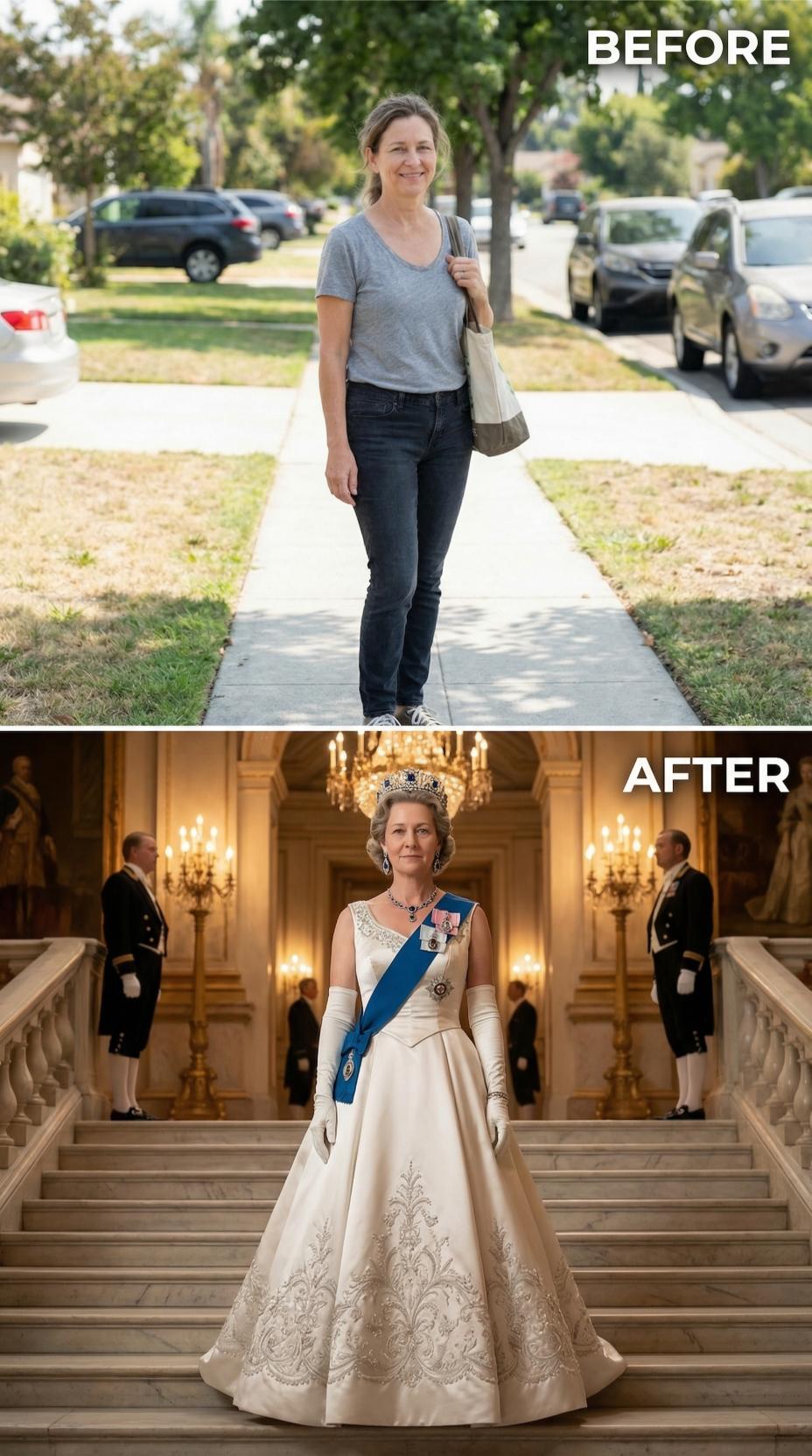 Neighborhood Walk Turned Royal State Portrait in Crown and Sash