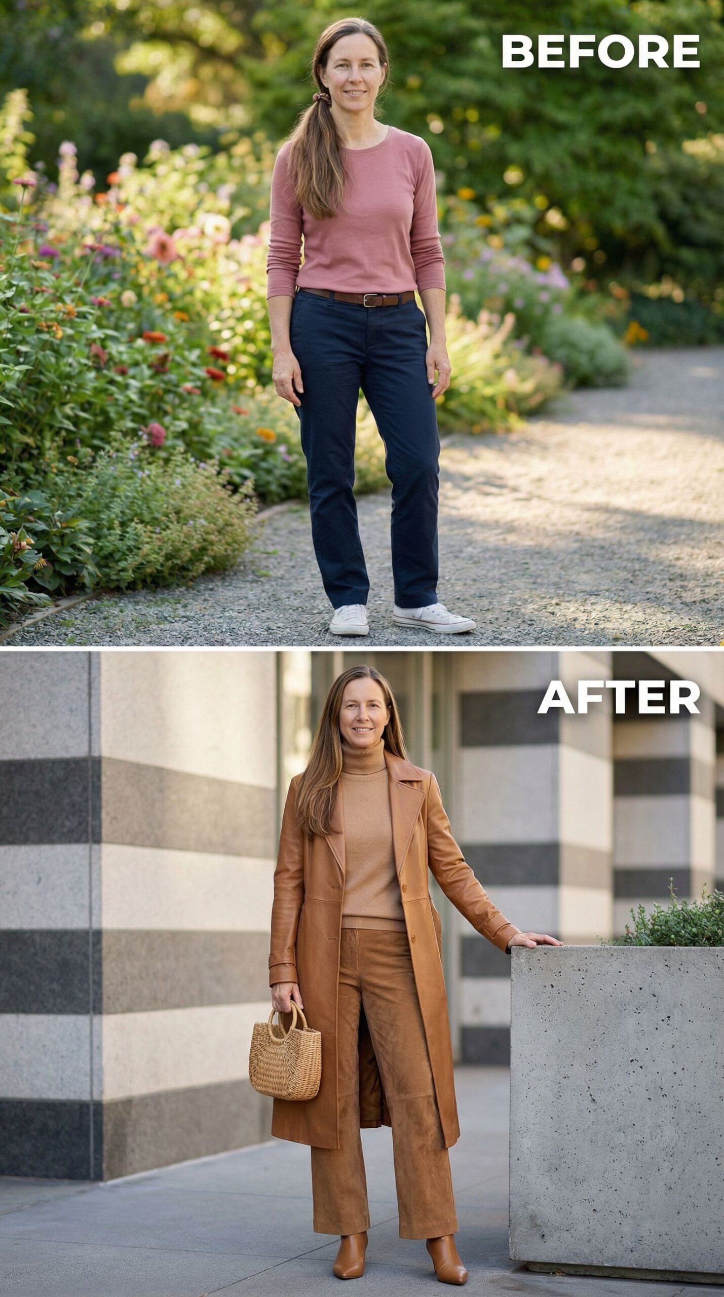 Camel Suede Separates and a Long Leather Coat Anchor the After