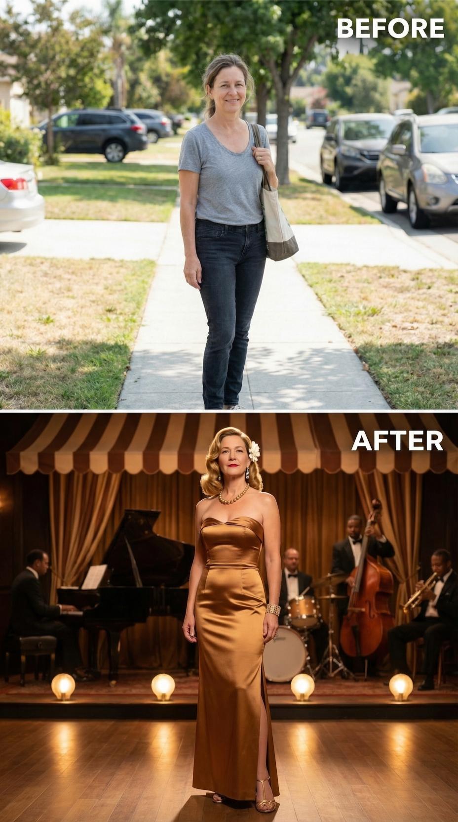 Casual Denim Becomes Golden Satin Under Jazz Club Lights