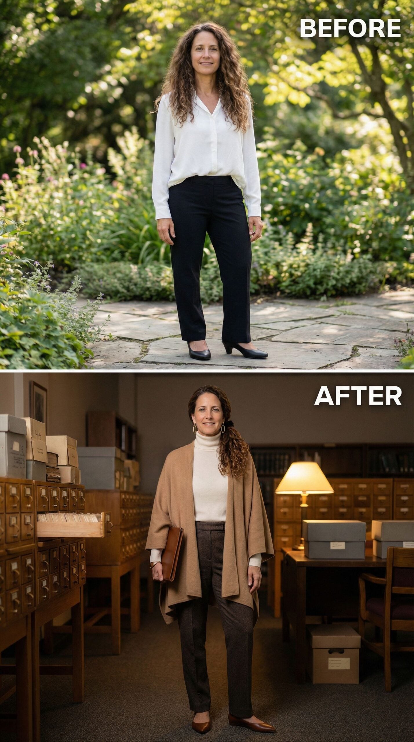 Cream Turtleneck and Camel Cape Transform Library Hours Into Style