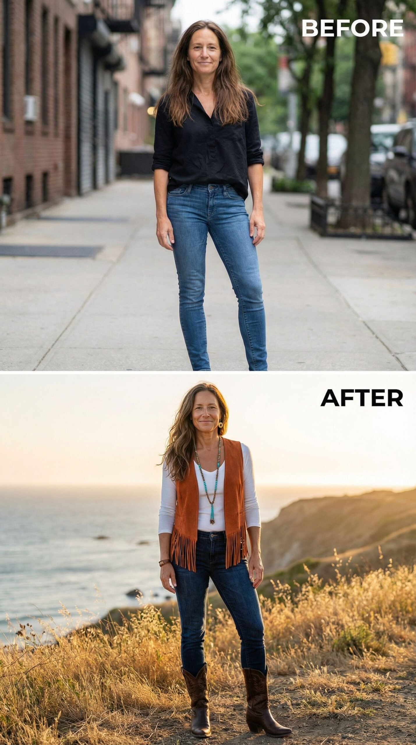 From City Sidewalk to Coastal Cliff: How Denim and Fringe Do the Work