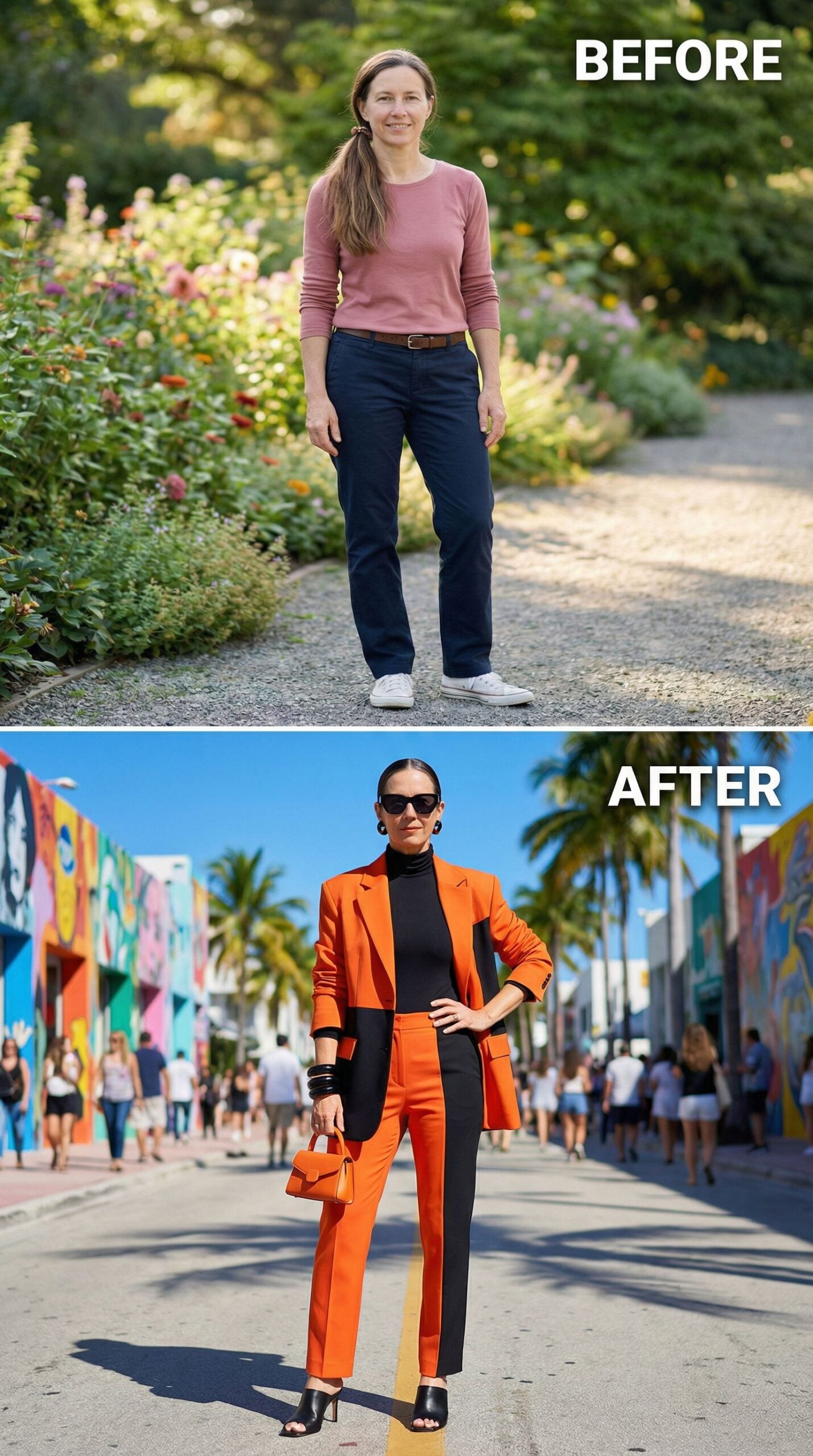 Mauve Sweater to Tangerine Power Suit on a Palm-Lined Boulevard