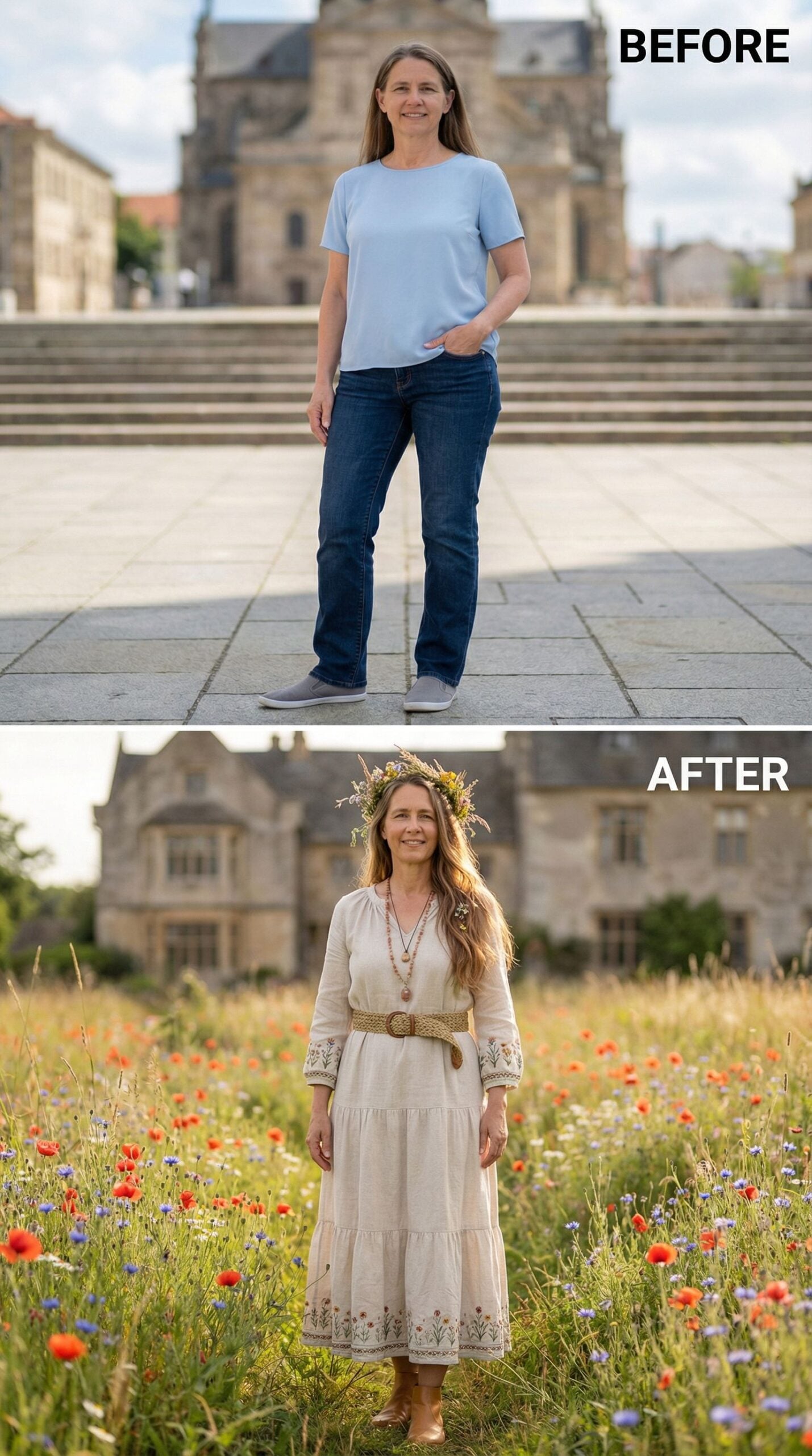 Wildflower Crown and Embroidered Linen in a Sunlit Meadow