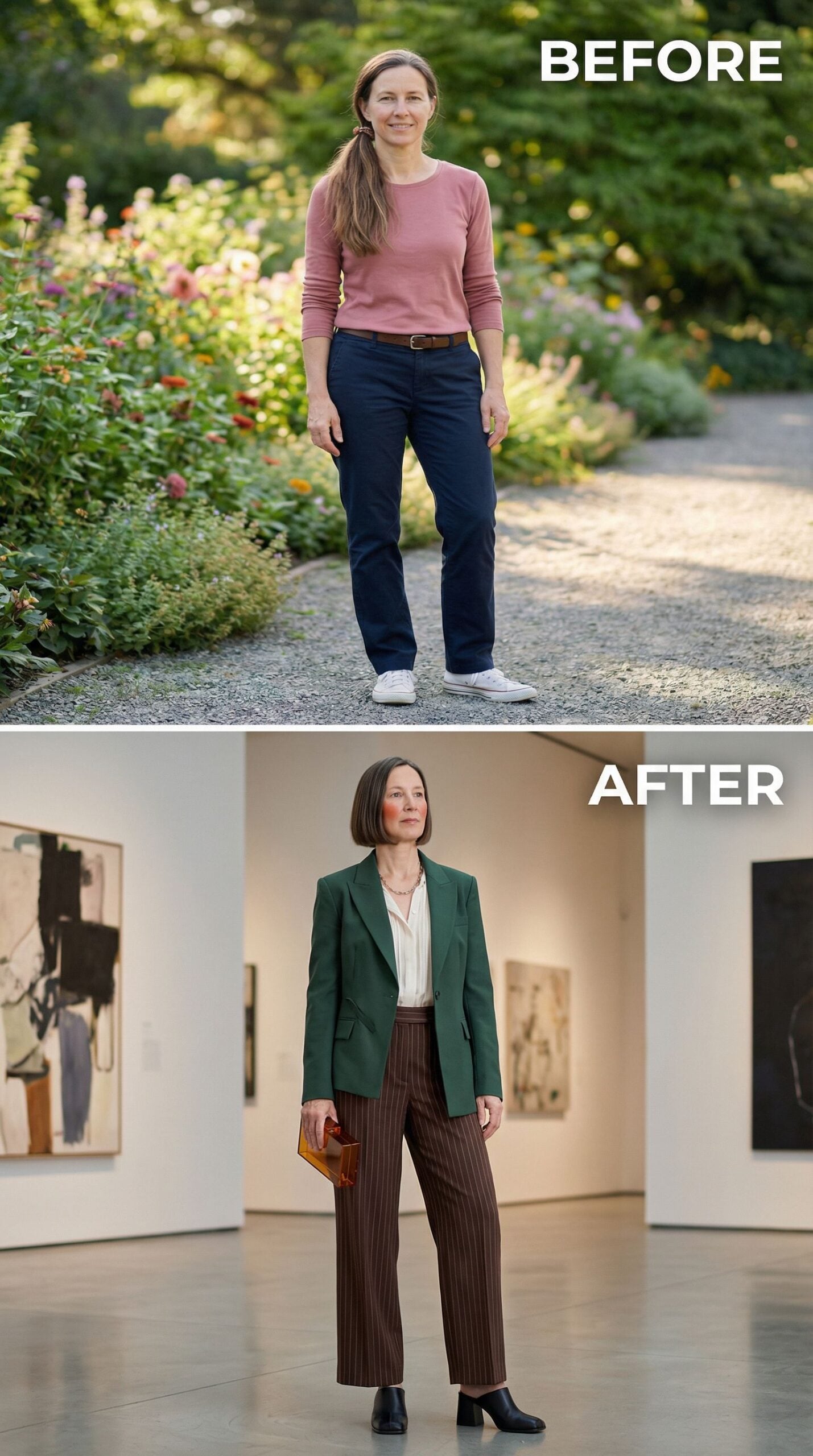 From Garden Casual to Gallery-Ready in Pinstripes and Emerald