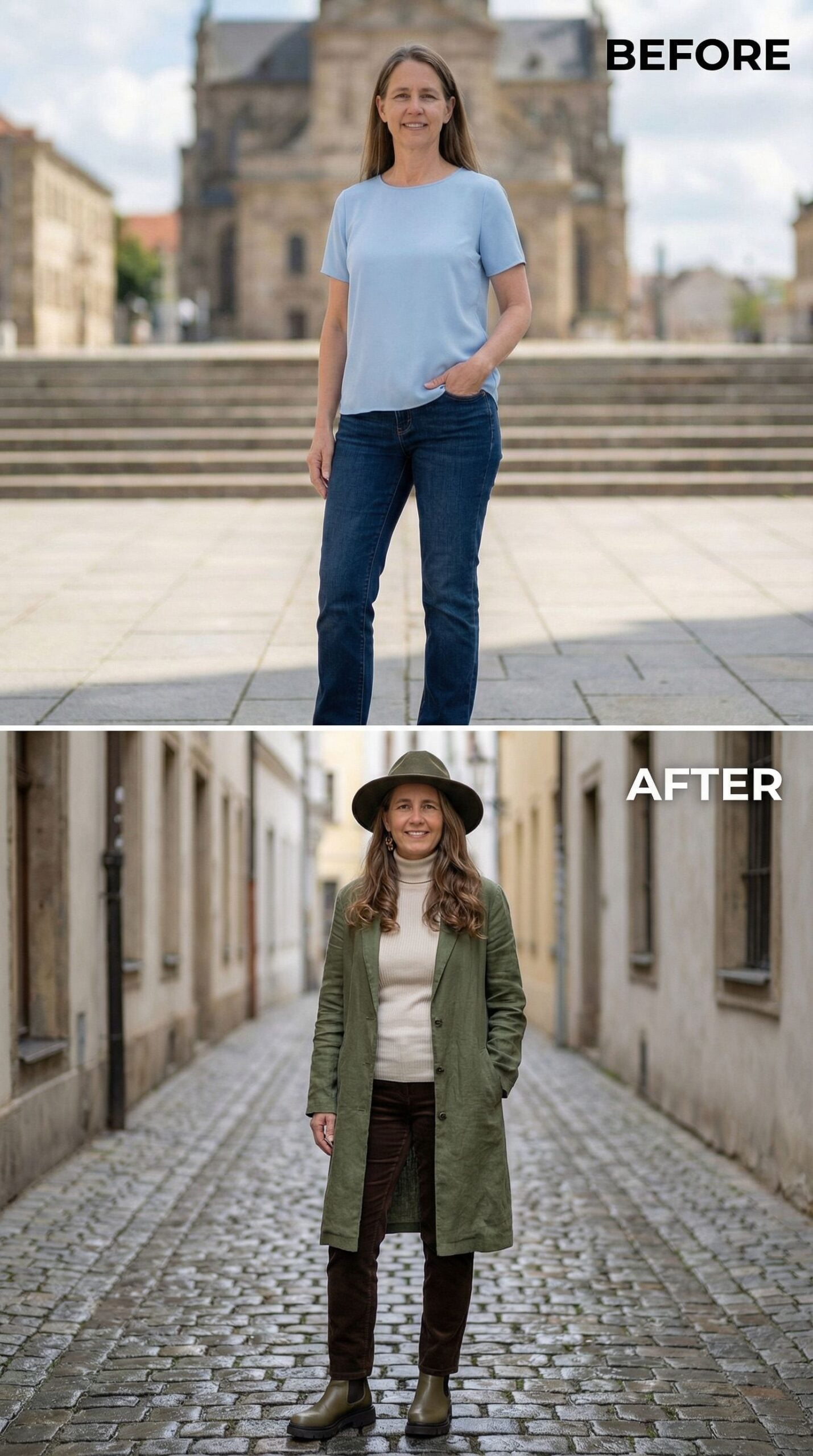 Olive Trench Coat and Wide Brim Hat Shift a Casual Look Into Parisian Chic