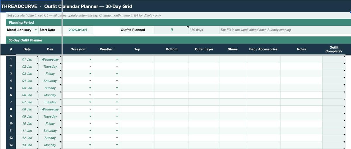 30-Day Outfit Calendar Planner