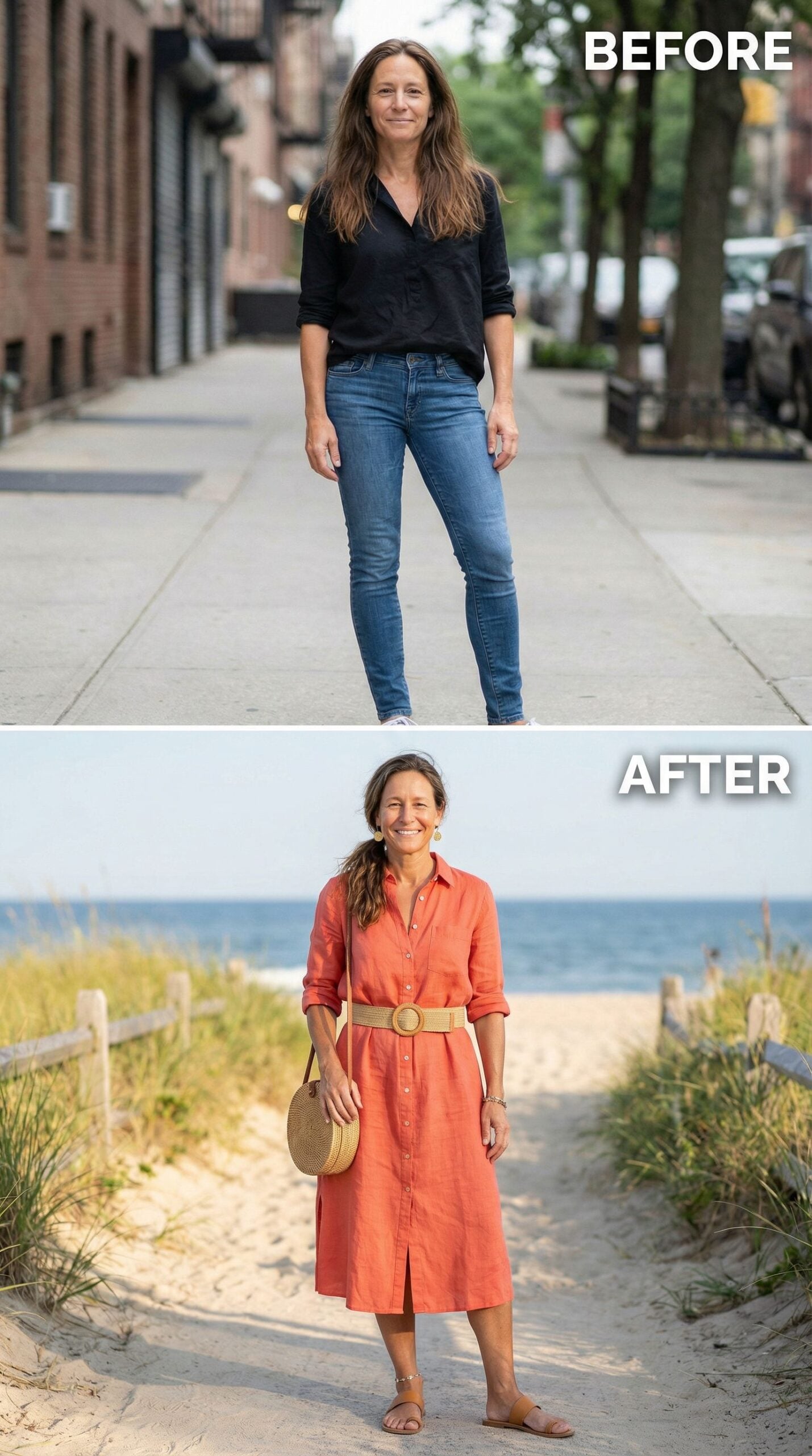 From City Sidewalk to Sandy Path, One Coral Linen Dress Changes Everything
