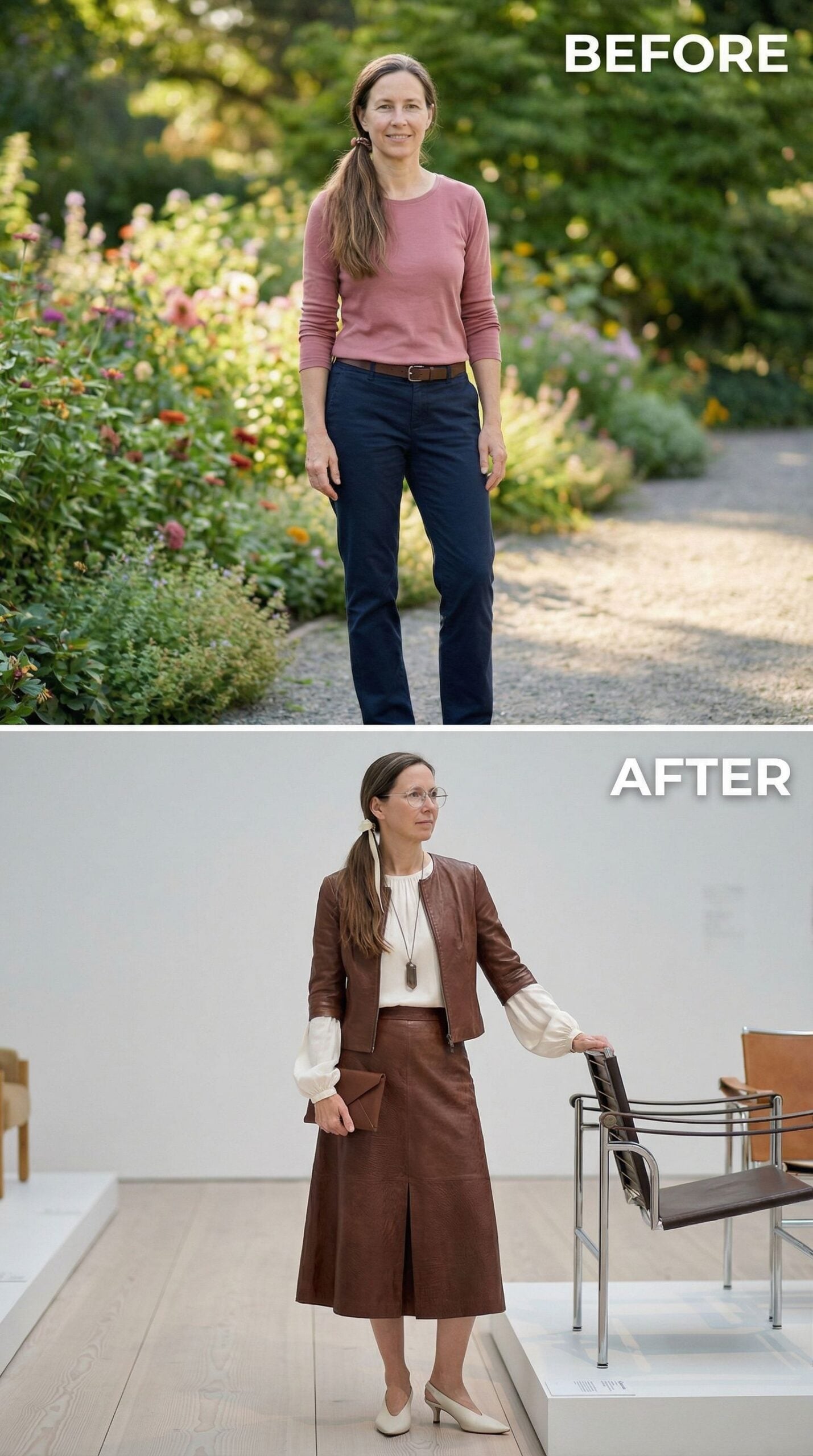 Cognac Leather Suit and Cream Silk Statement Sleeves