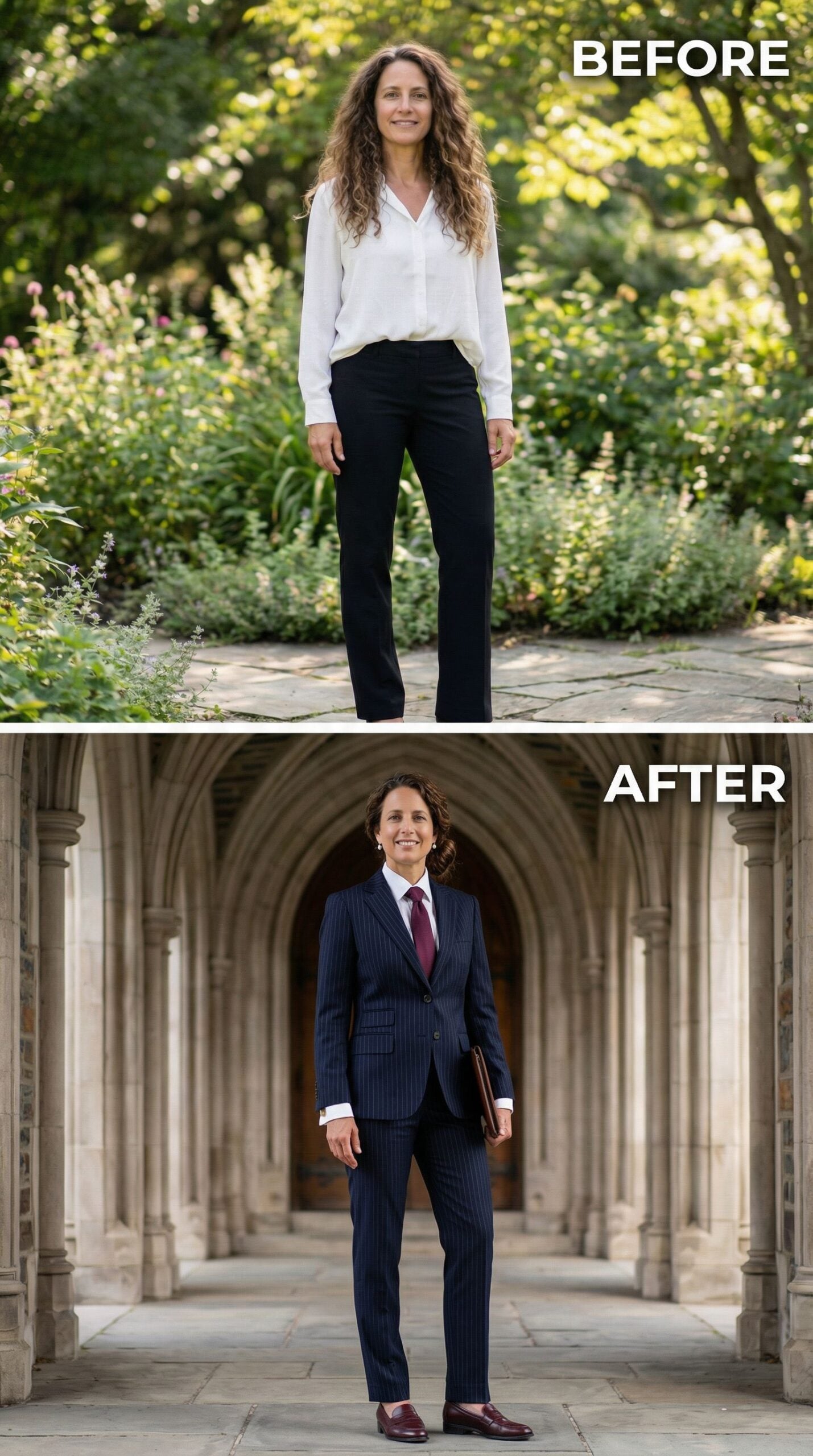 Pinstriped Navy Suit With Burgundy Tie and Polished Oxfords