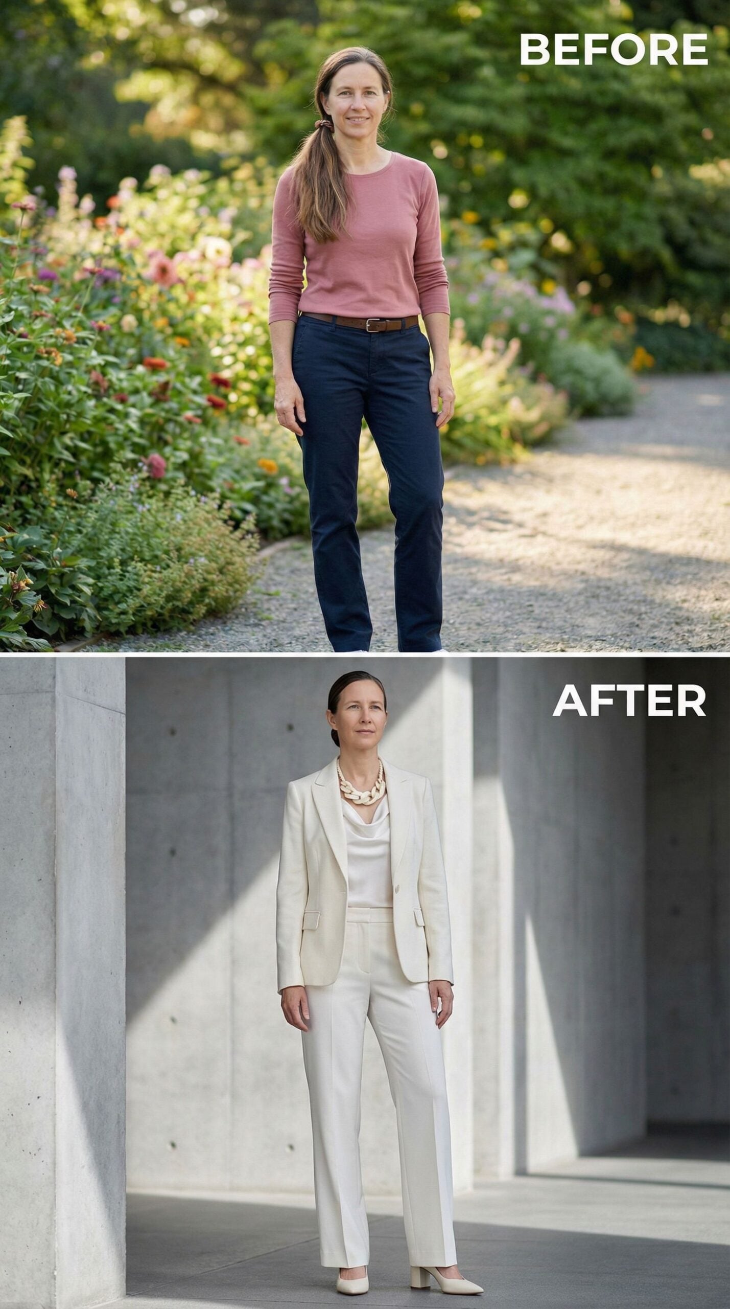 Dusty Rose Chinos Give Way to Cream Suiting and Pearl Accents