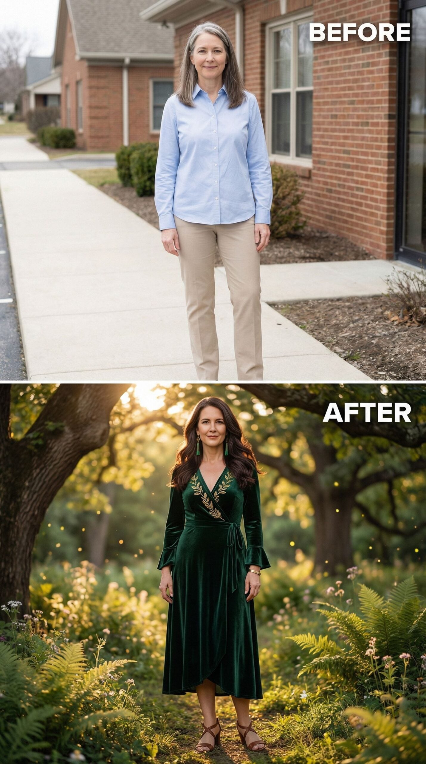Velvet Wrap Dress in Forest Green Against Golden Hour Light