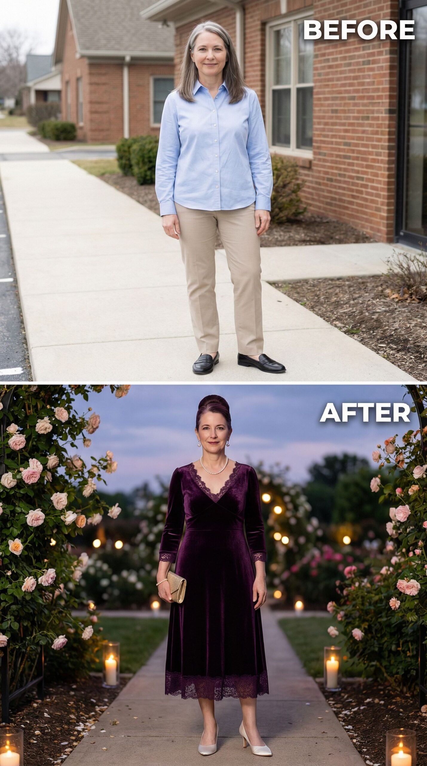 From Casual Neutrals to Deep Plum Velvet Under Twilight Roses