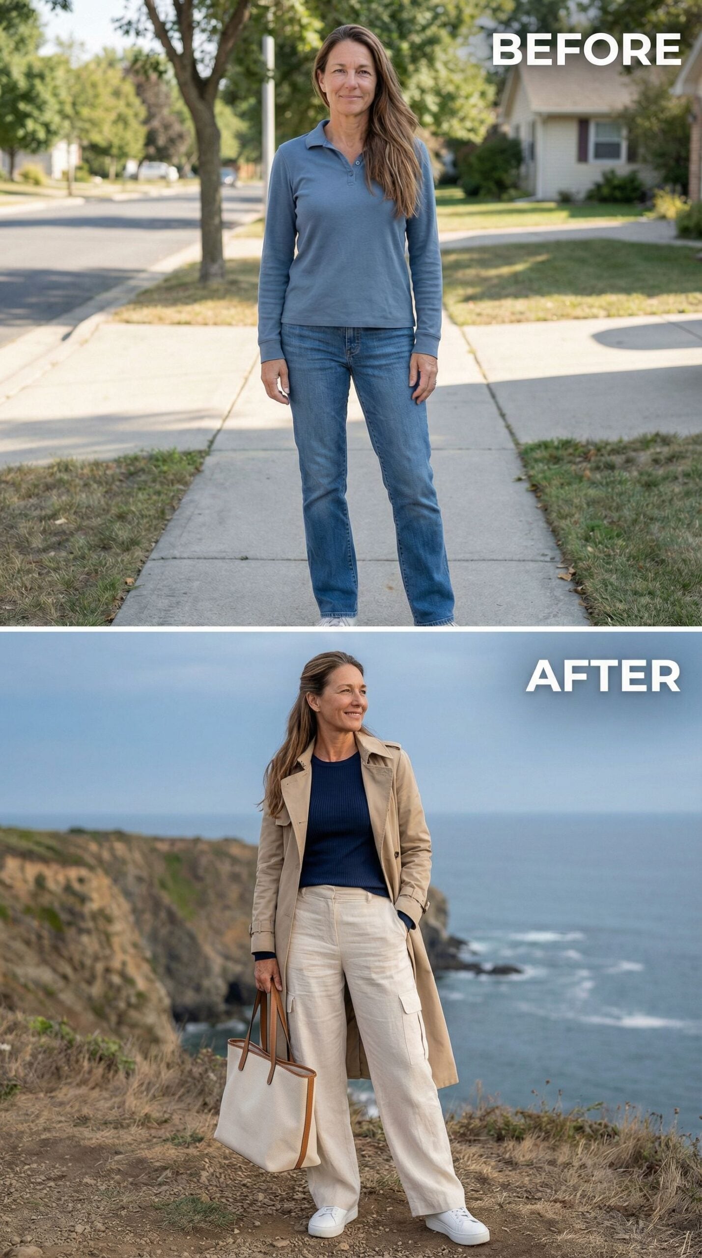 From Suburban Sidewalk to Coastal Cliffside in Cream and Navy