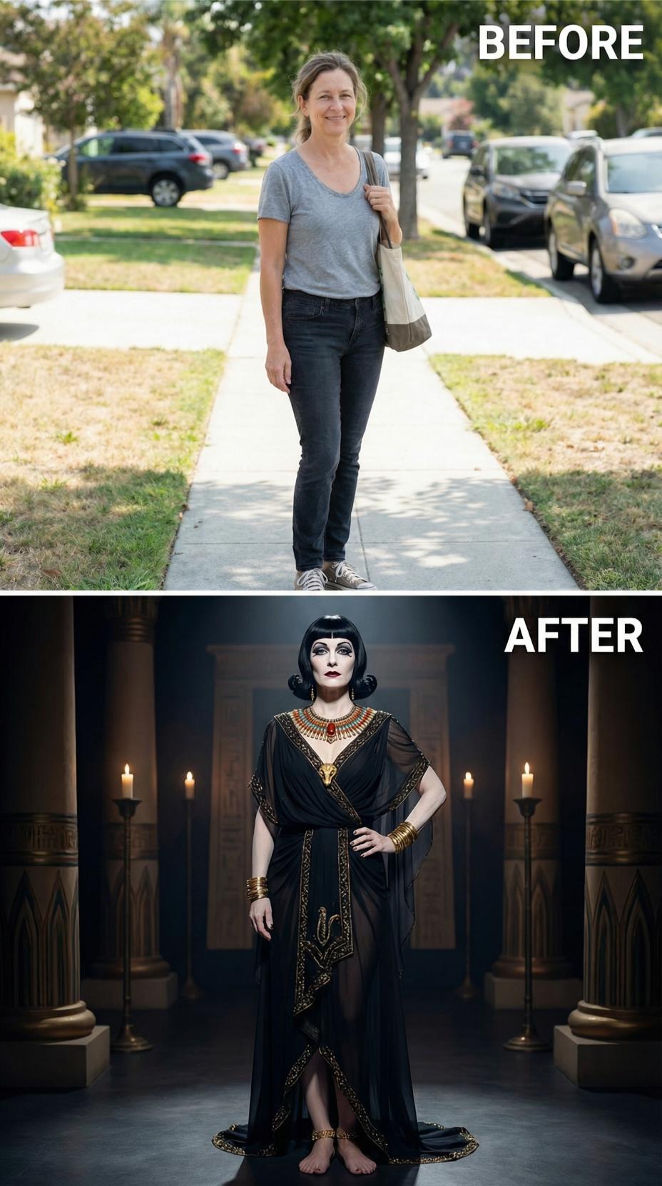 Cleopatra's Palace in Black Saree Drape and Gold Cobra Cuffs