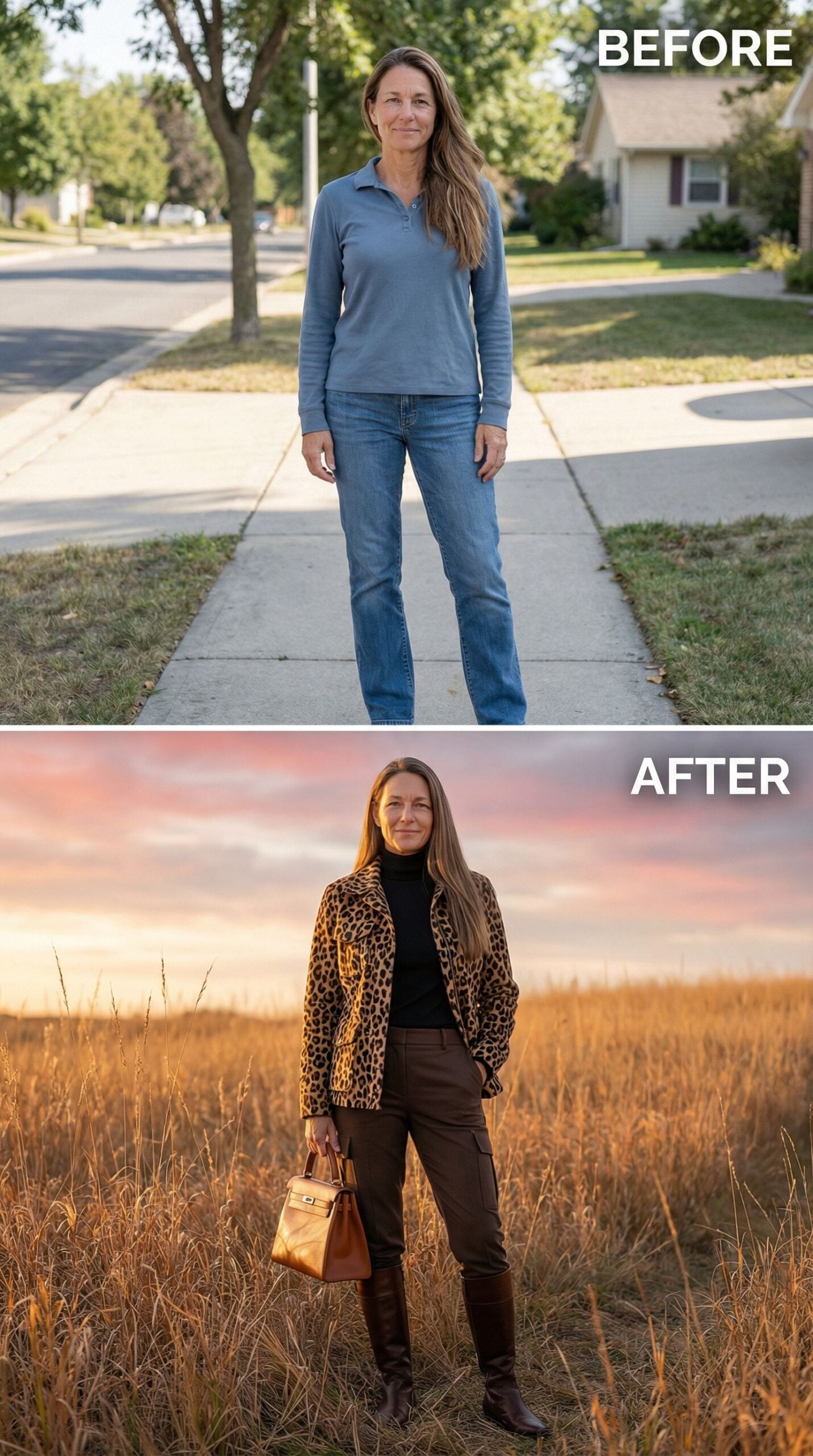 Leopard Print Blazer Over Black Turtleneck in Golden Hour Light
