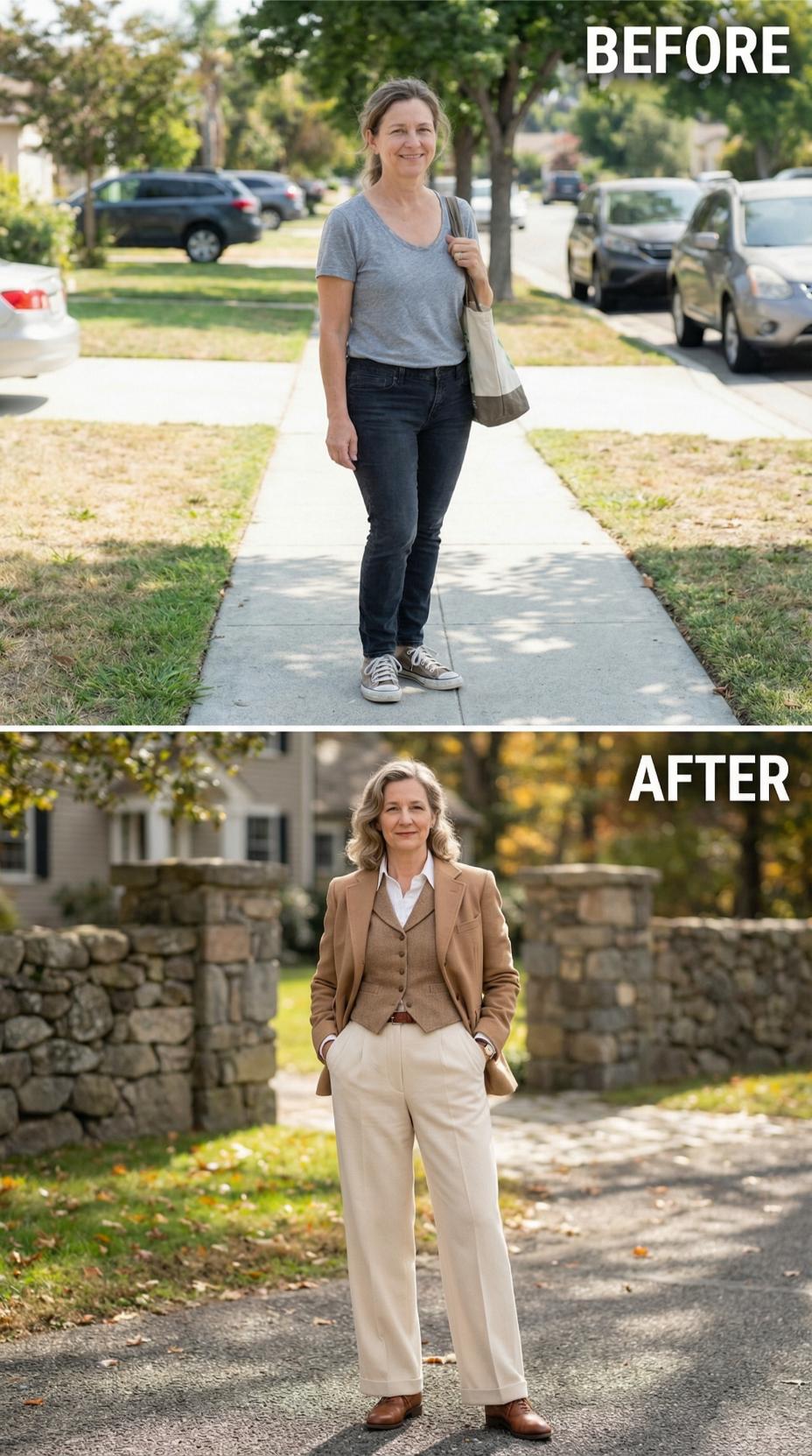 Camel Blazer and Three-Piece Tweed Replace Gray Cotton and Sneakers