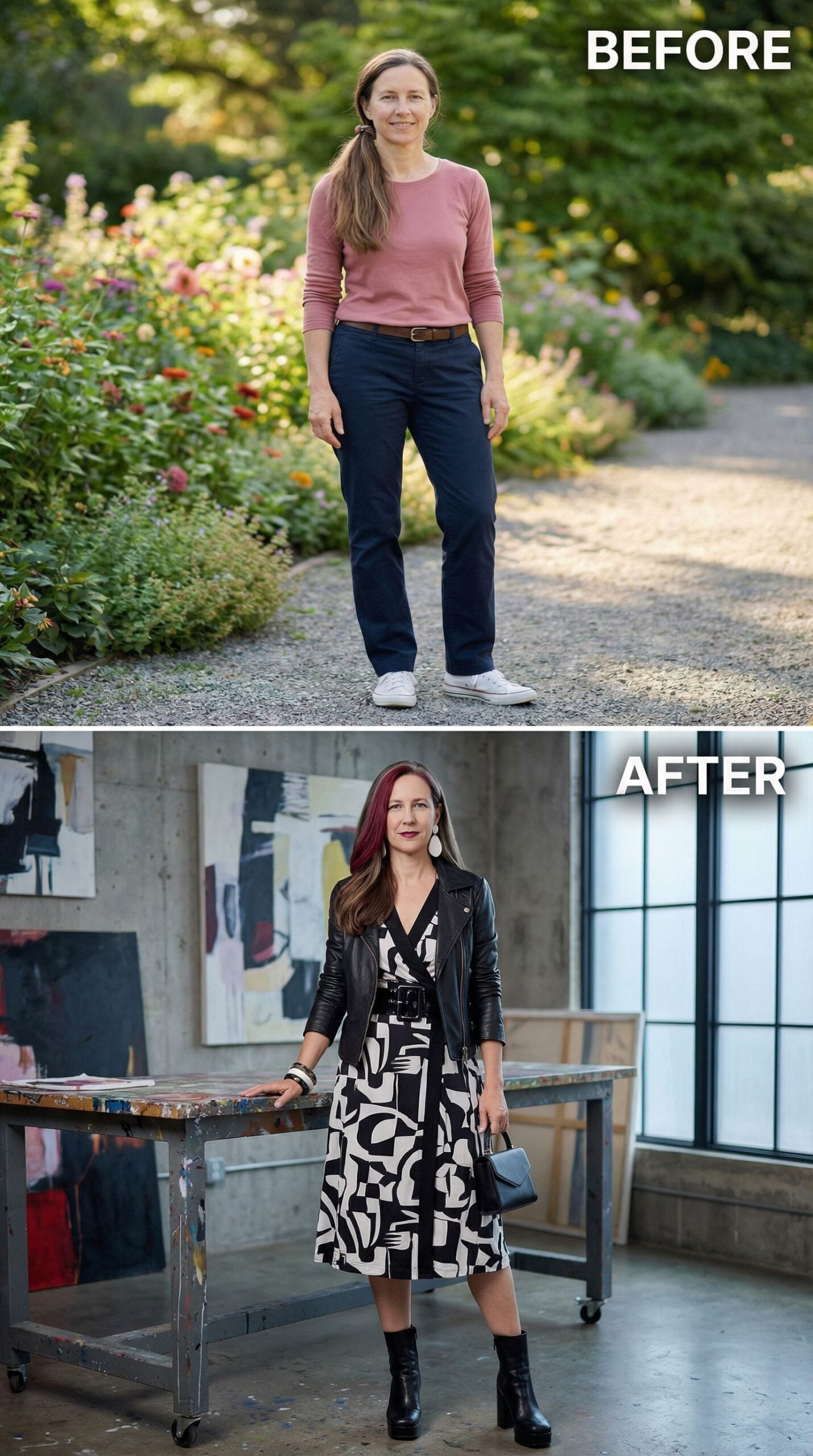 Leather Moto Jacket Sharpens a Graphic Black-and-White Wrap Dress