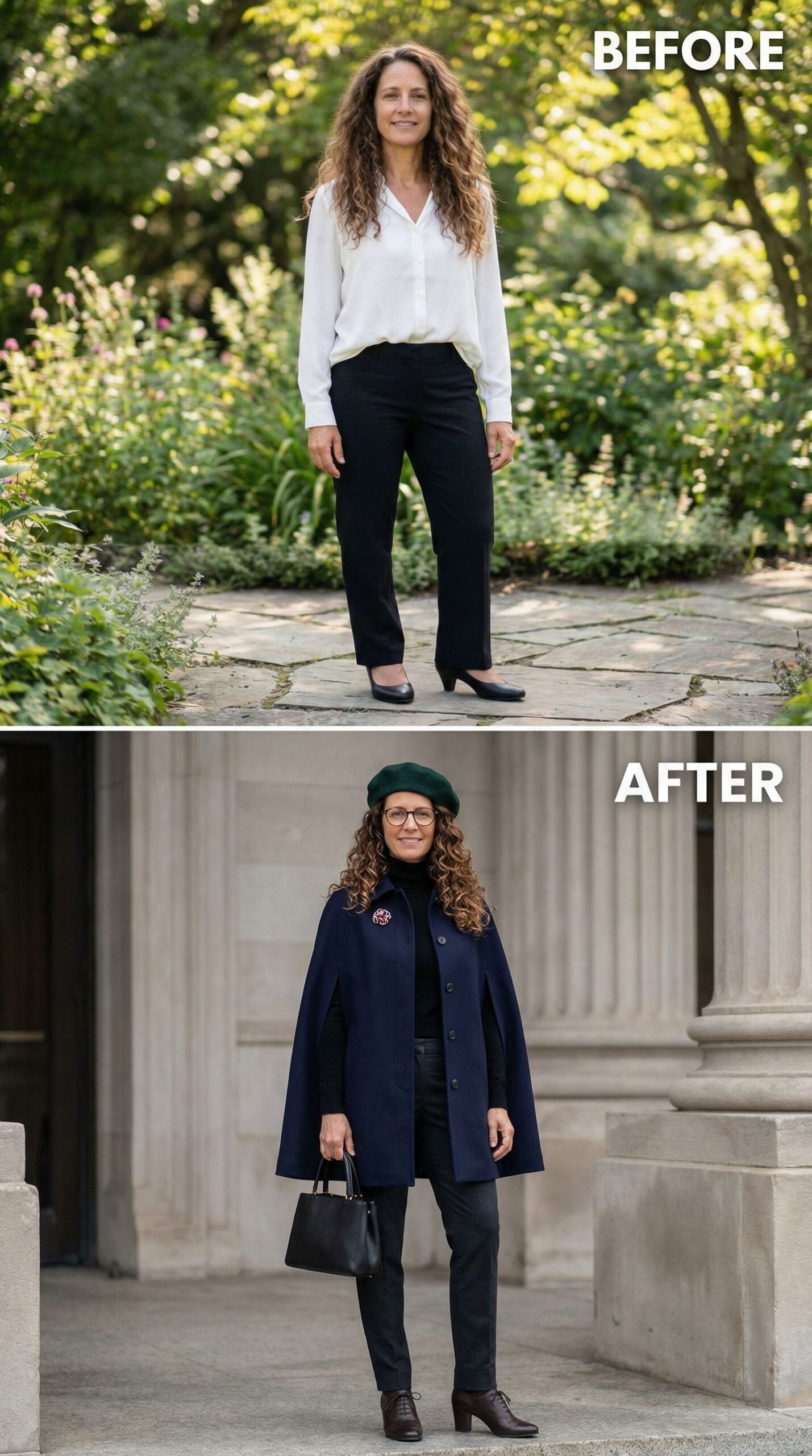 Navy Cape Coat and Green Beret Channel Academic Elegance