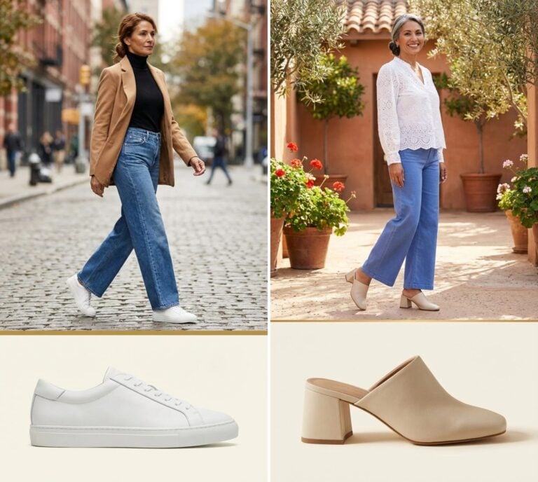 Types of Shoes to Wear With Wide-Leg Blue Jeans This Spring (For Women 40+)