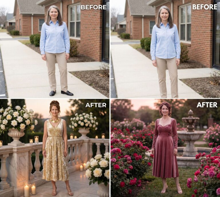 Meet the Woman Who Let AI Dress Her Like an Evening Garden Party Goddess at 53 – 27 Stunning Before & After Makeovers
