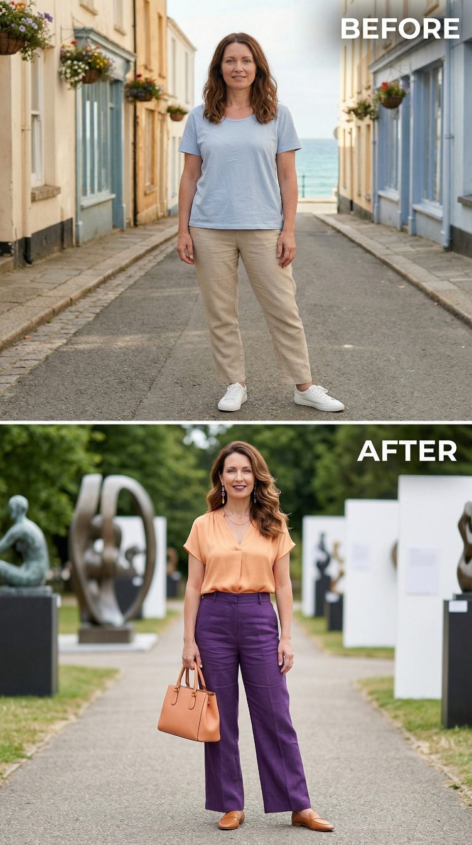 Purple Wide-Leg Trousers and an Orange Silk Top Walk Into a Sculpture Garden