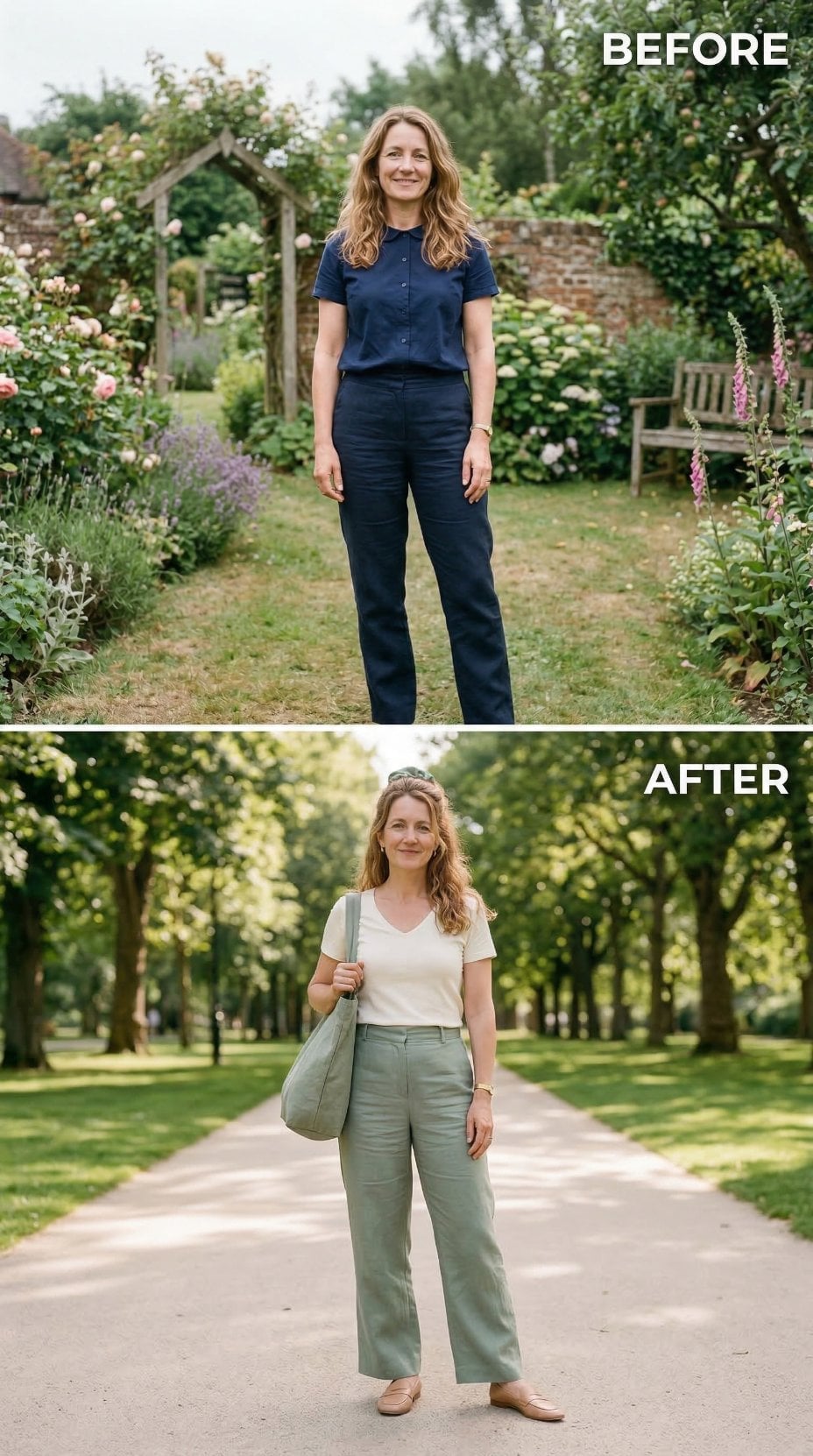 Sage Wide-Leg Trousers and a Tree-Lined Path Quietly Rewrite Her Summer Uniform
