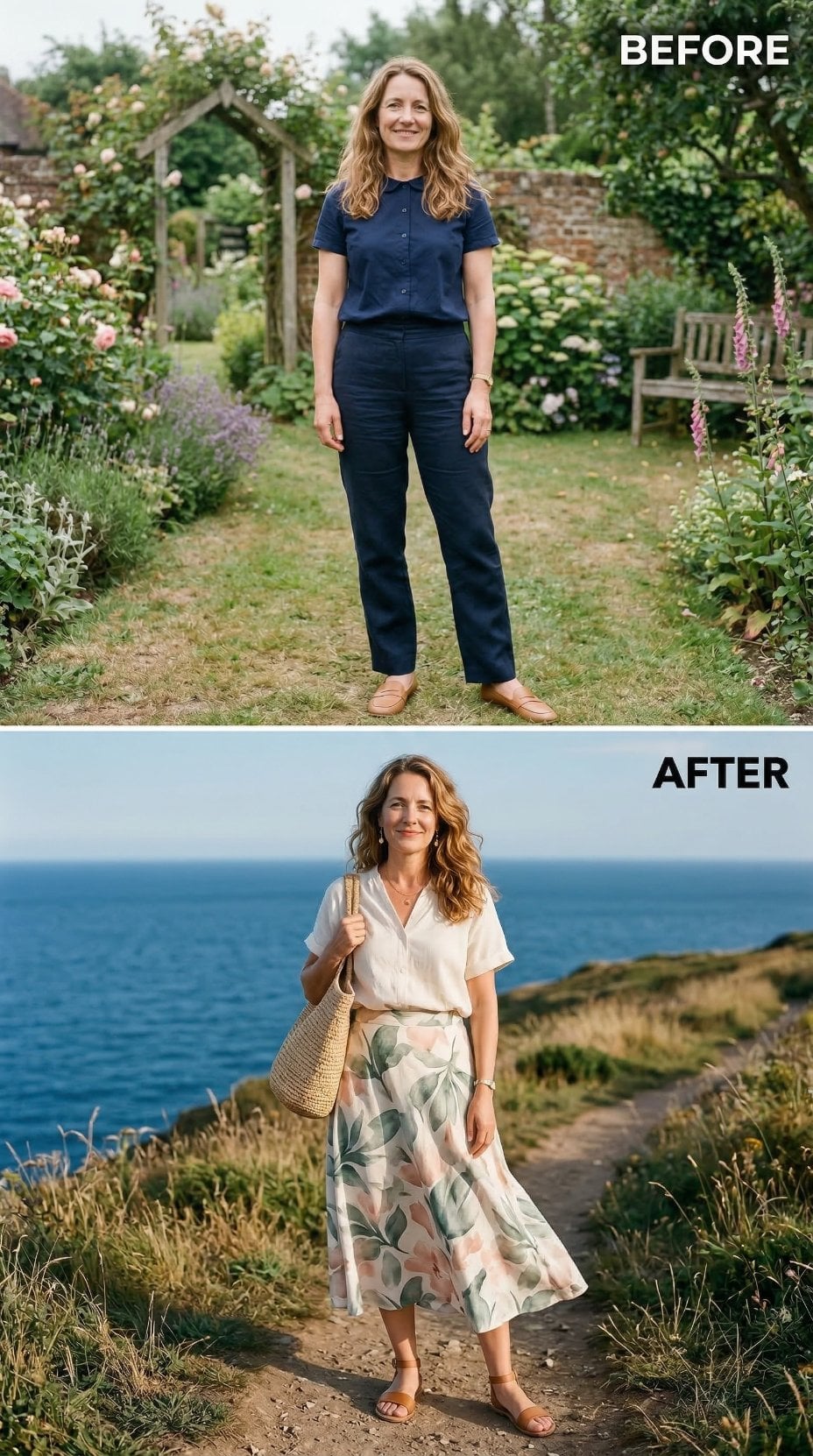 Ivory Silk and a Botanical Midi Skirt Pull the Whole Look Toward the Sea