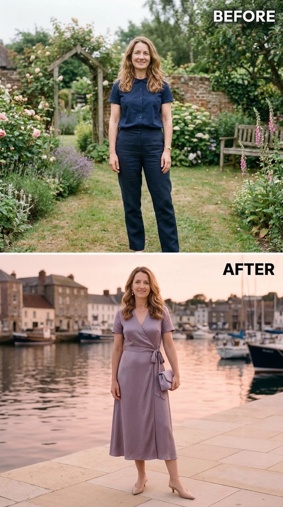 Mauve Wrap Dress and a Harbour at Dusk Pull Her Away From the Garden Entirely