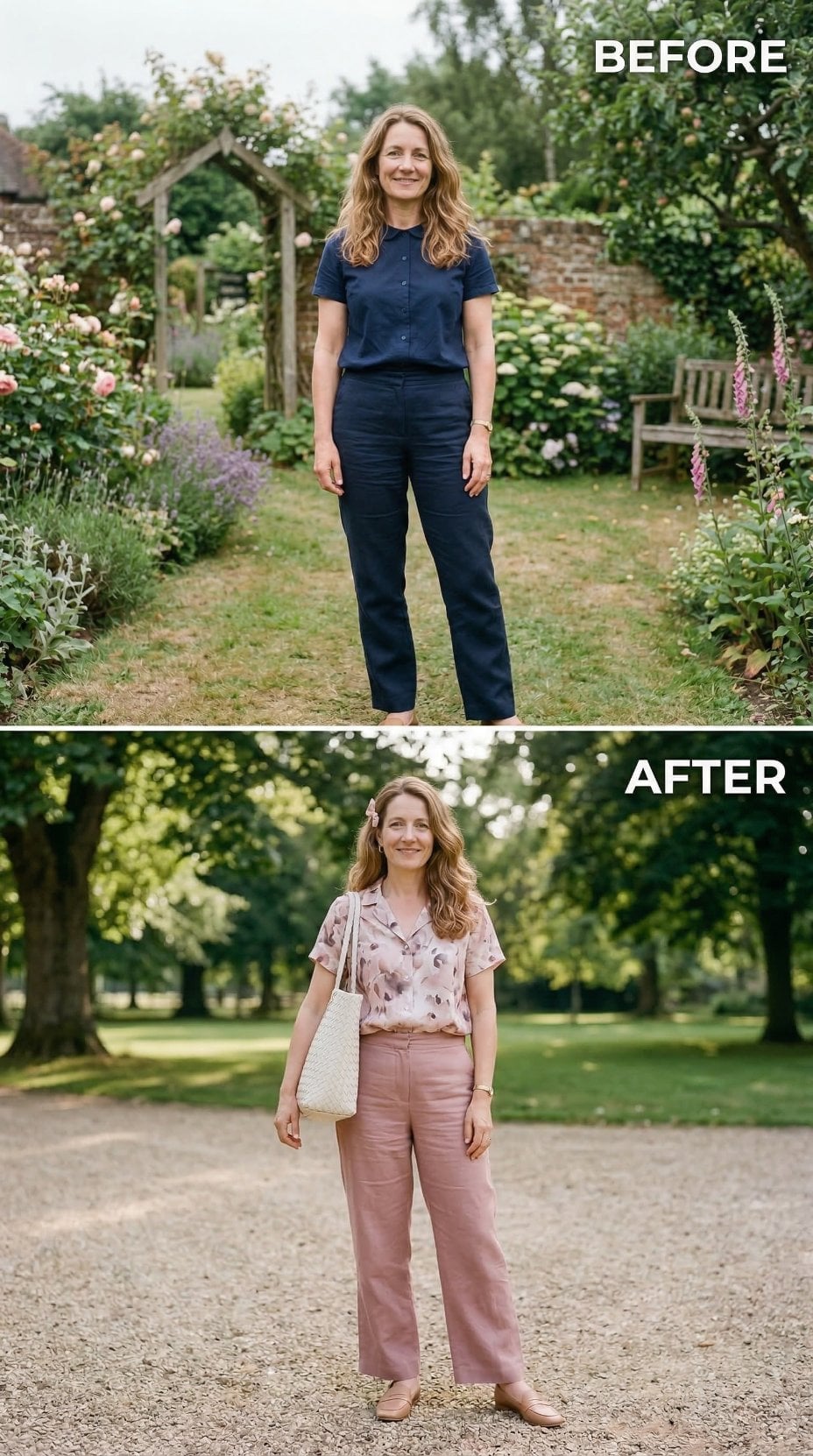 Pink Wide-Legs and a Floral Camp Collar Pull Her Navy Uniform Into Summer Light